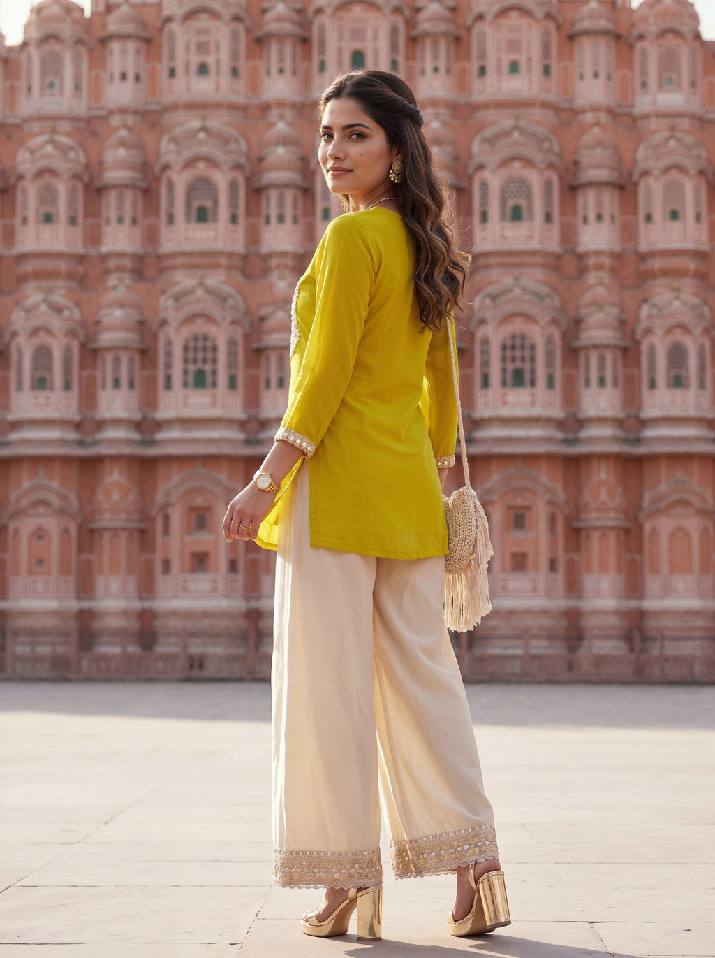 A woman posing in front of the Hawa Mahal palace in Jaipur, wearing a bright yellow kurta with cream wide-leg palazzo pants, holding a cream tassel clutch bag.