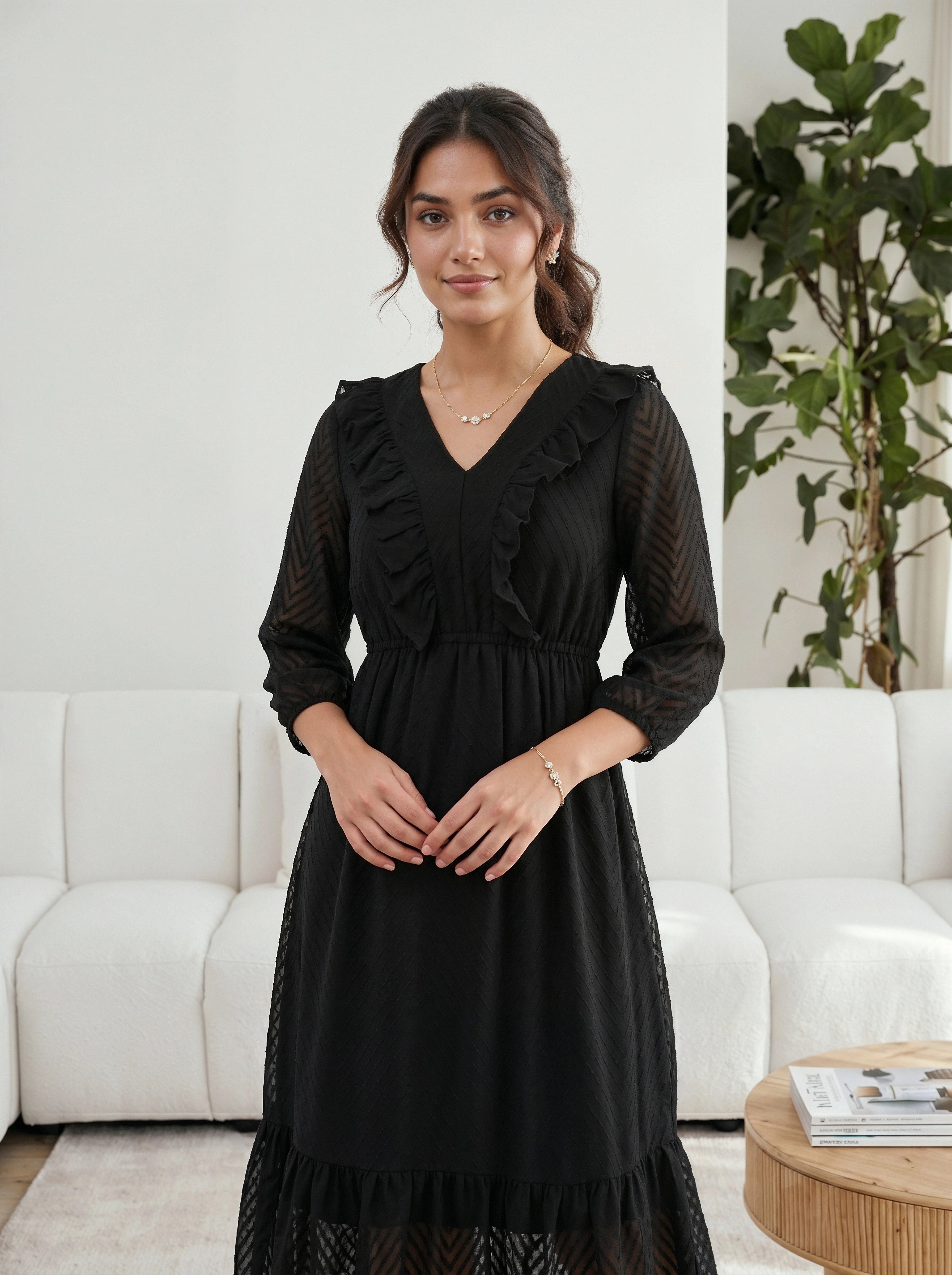 Woman wearing a black dress standing in a living room.