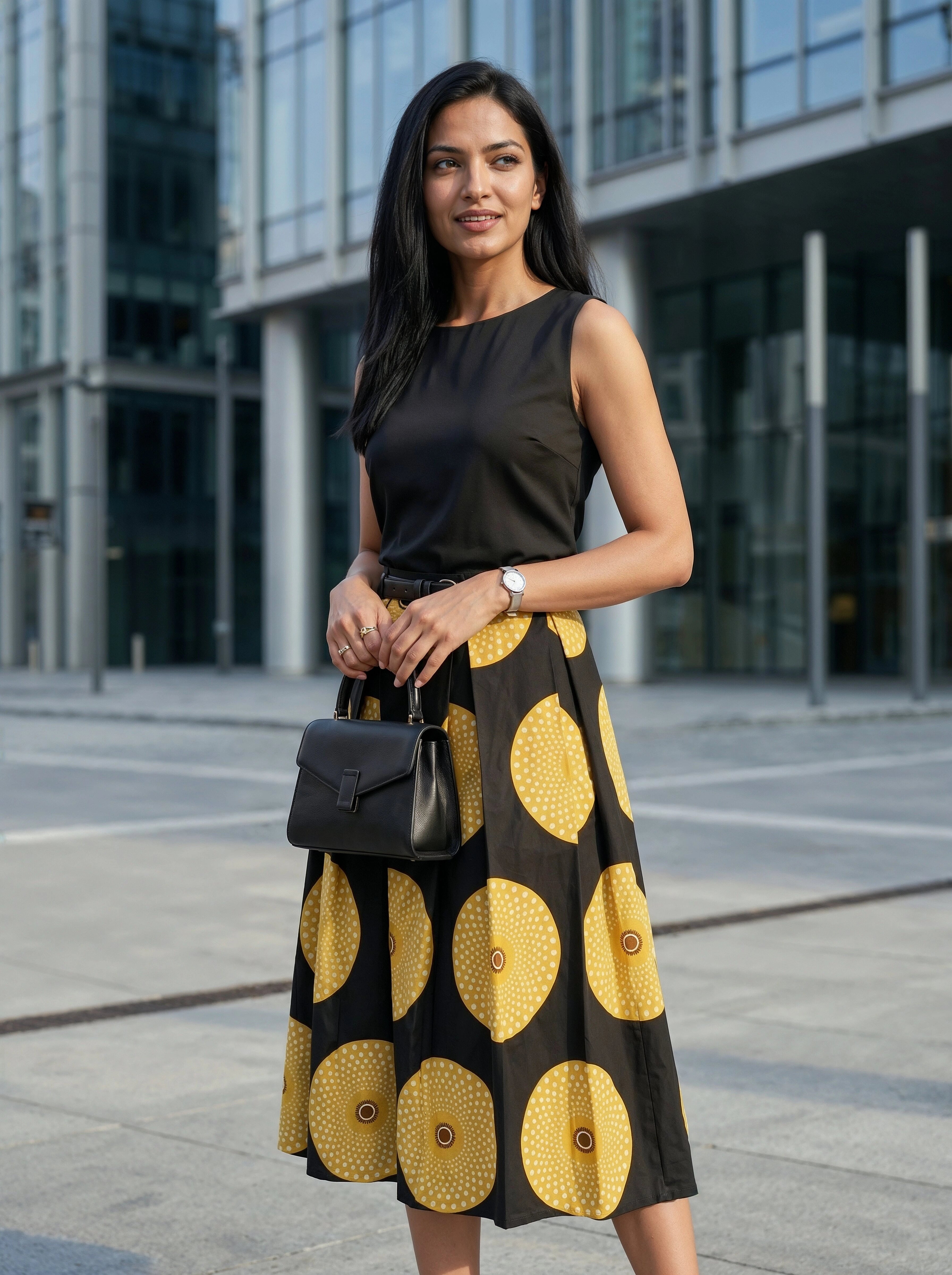 Woman wearing a black top and yellow patterned skirt with a black handbag in an urban setting.