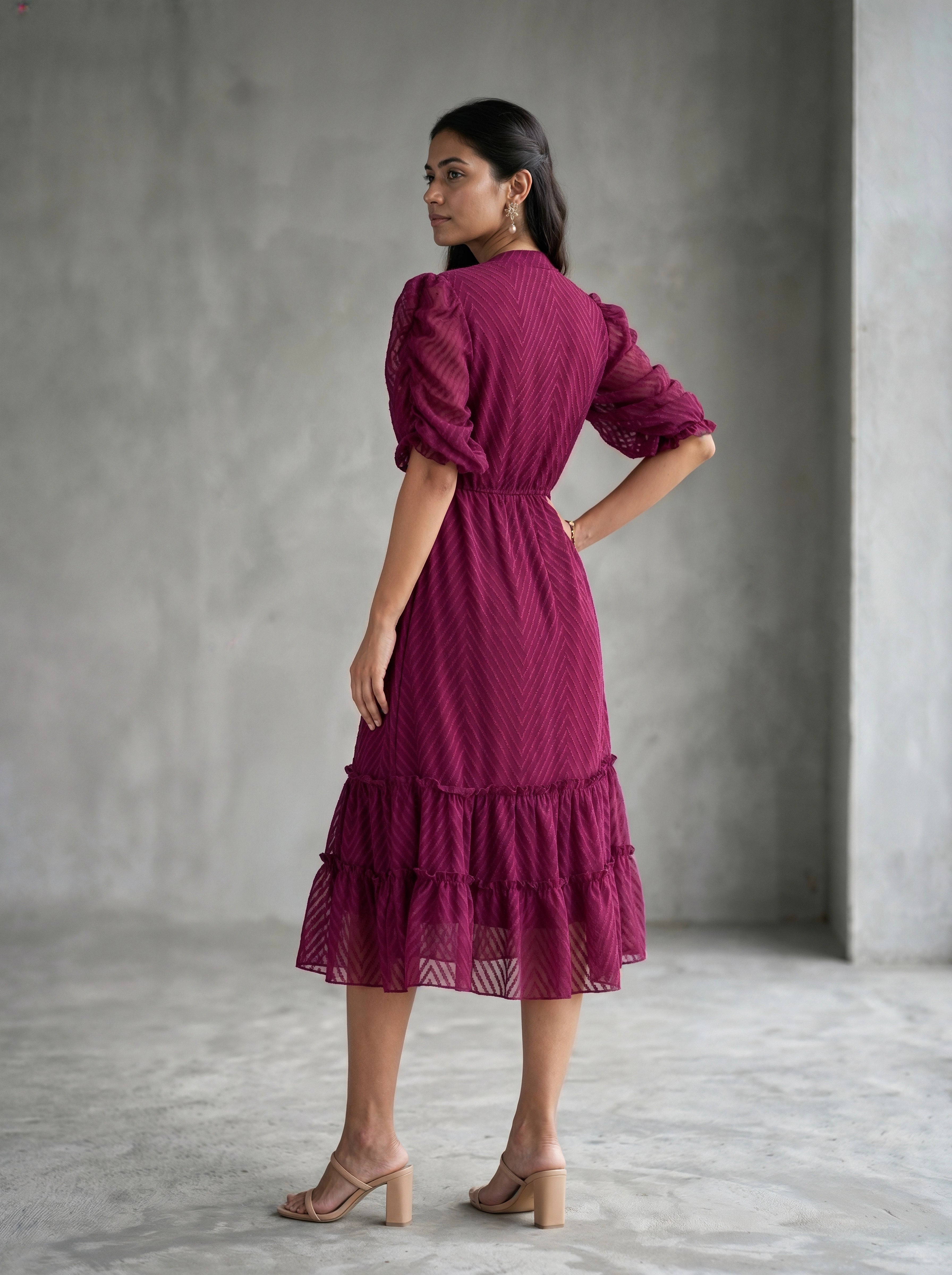flutter sleeve ruched corset detail tiered midi dress in berry ASOS Flutter Sleeve Ruched Corset Detail Tiered Midi Dress in Pink