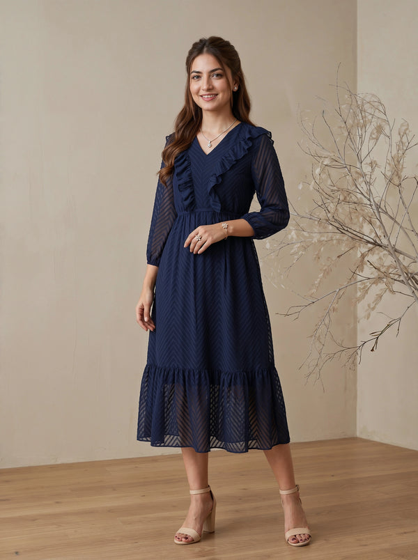 Navy Ruffle V-Neck Midi Dress