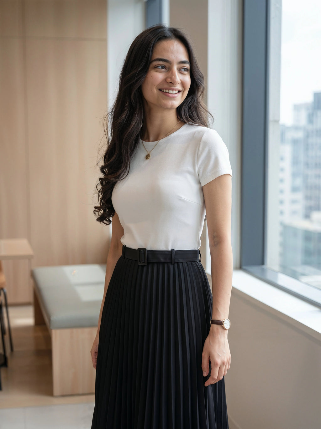 Woman in a white top and black pleated skirt standing by a window in an office setting