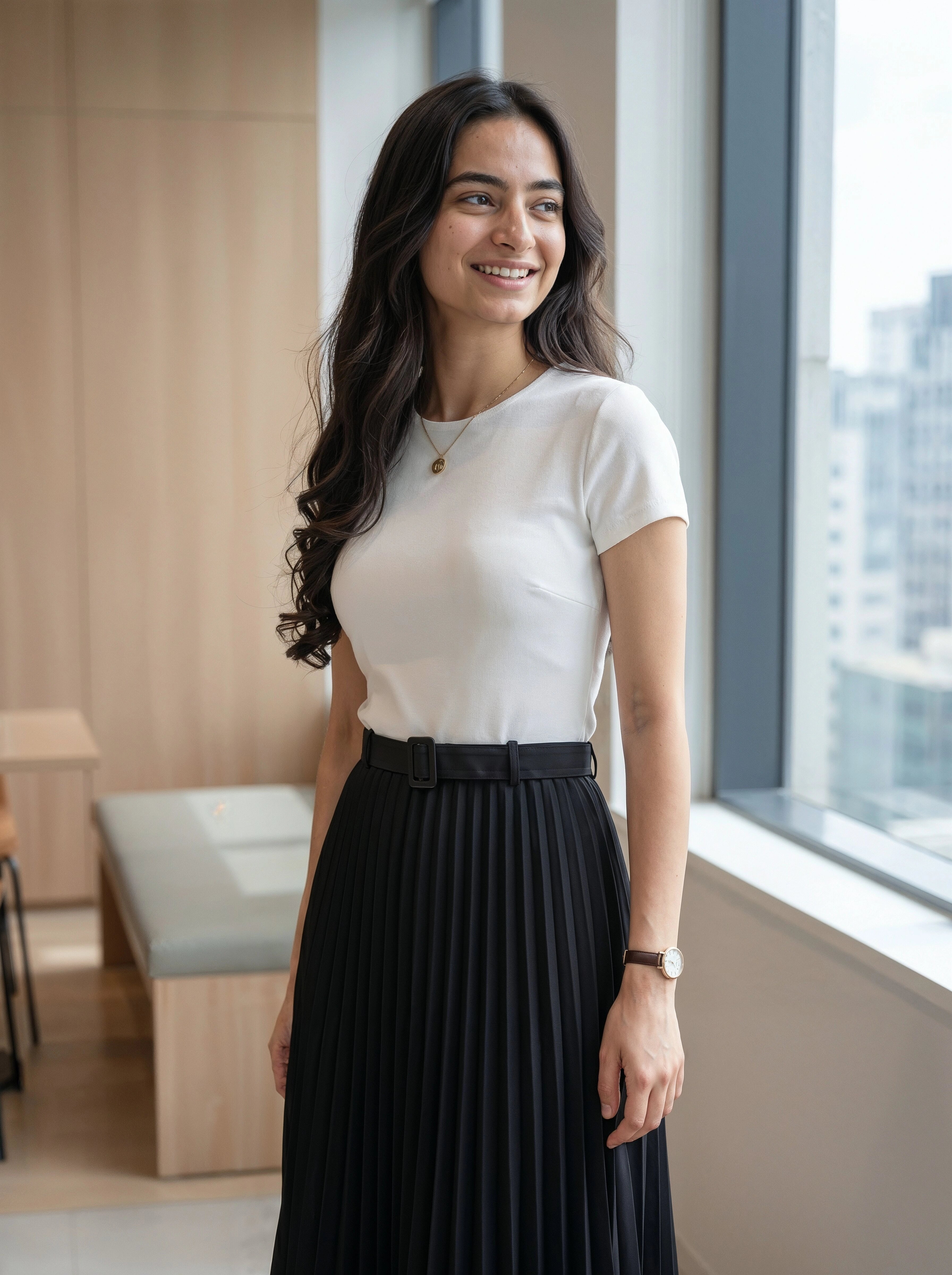 Woman in a white top and black pleated skirt standing by a window in an office setting