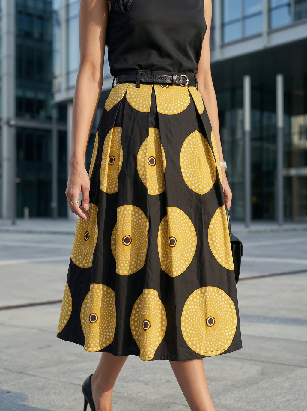 Person wearing a black top and a black and yellow patterned skirt in an urban setting.