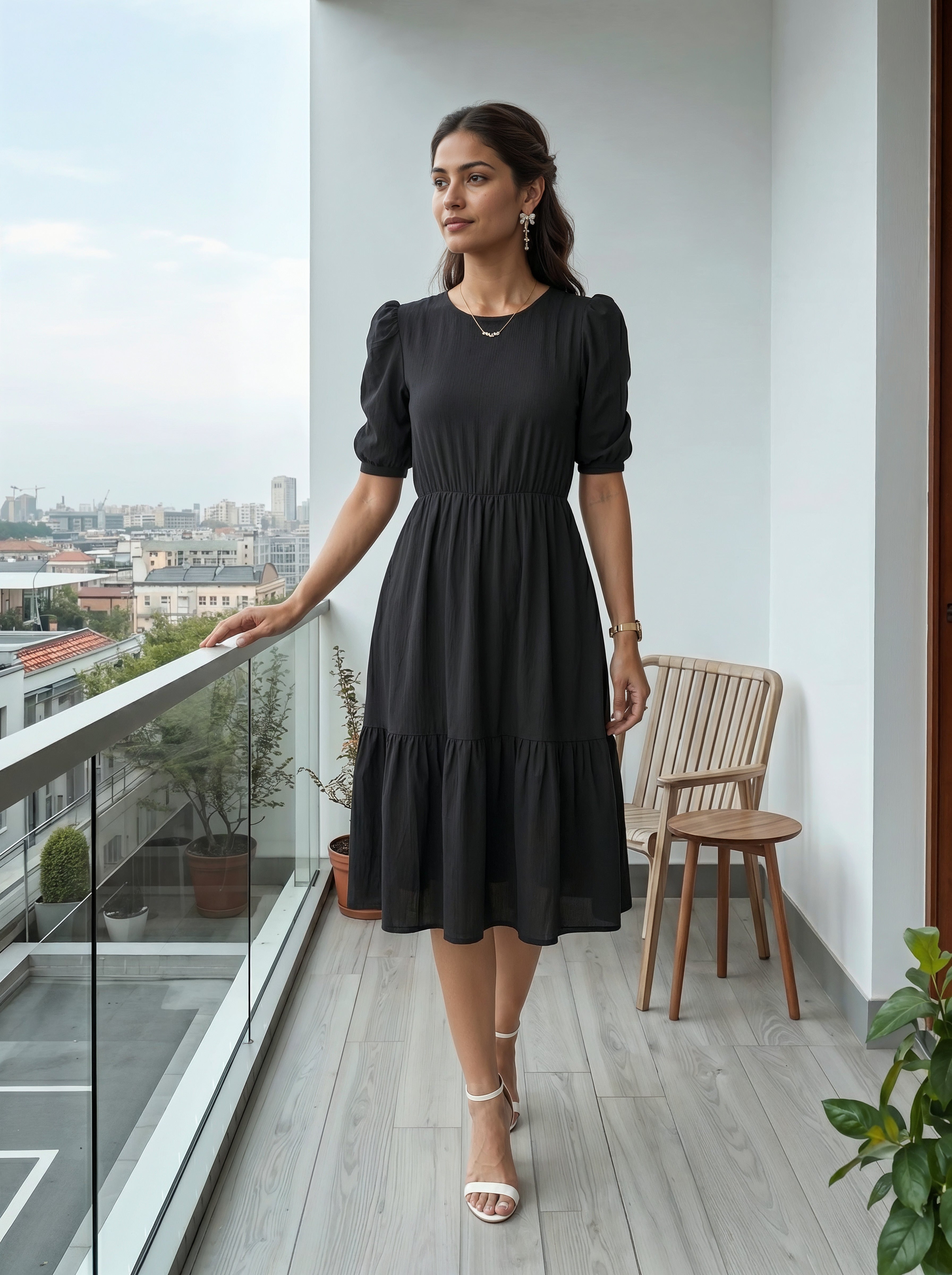 Woman in a black dress standing on a balcony with a cityscape view.