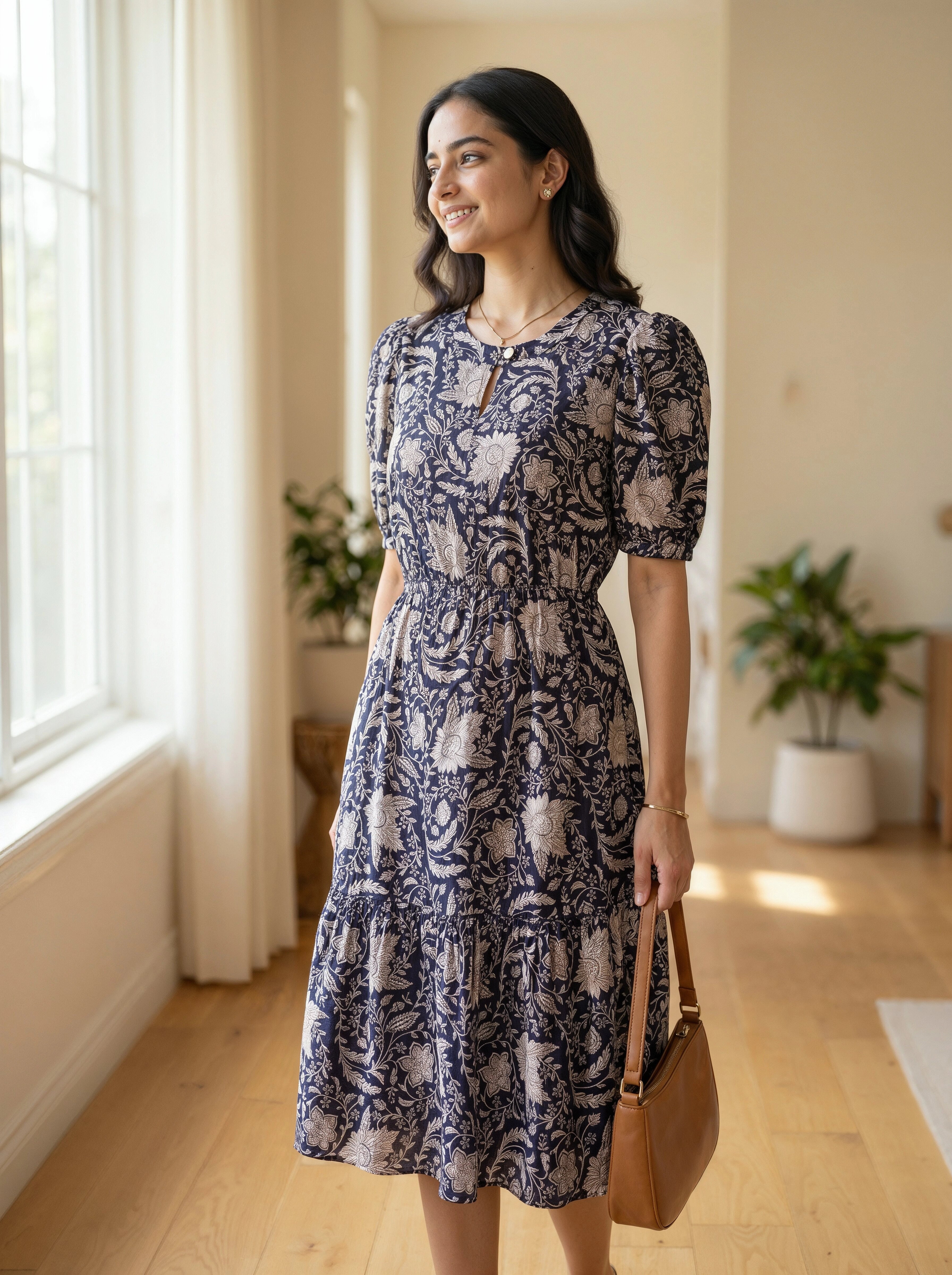 Woman in a blue floral dress standing in a bright room with large windows.