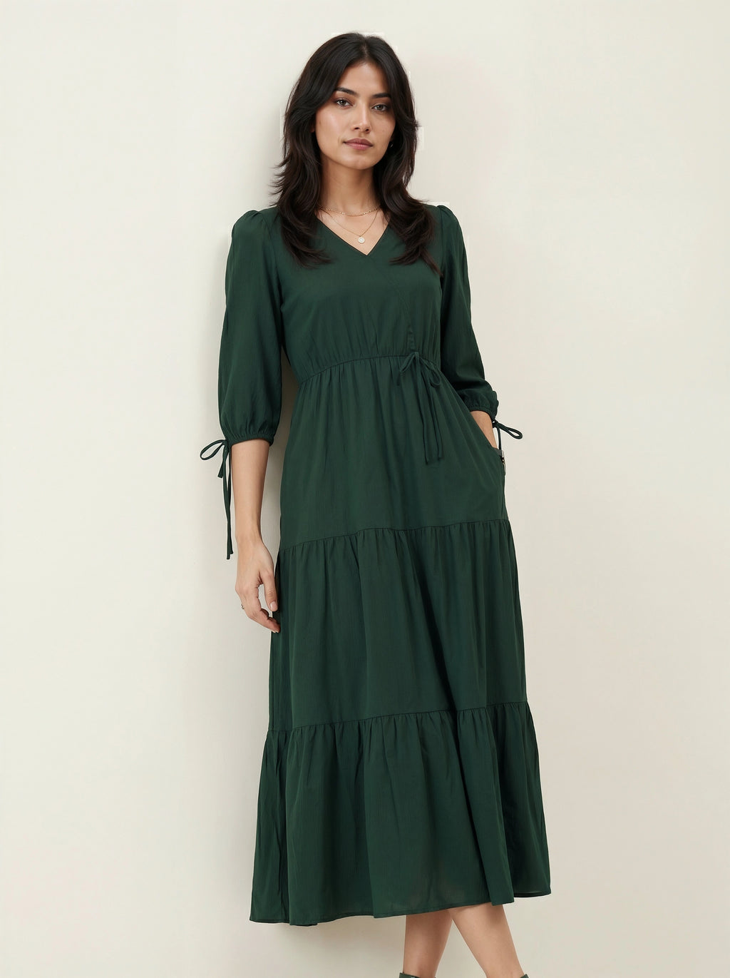 dark green tiered maxi dress with tie sleeves