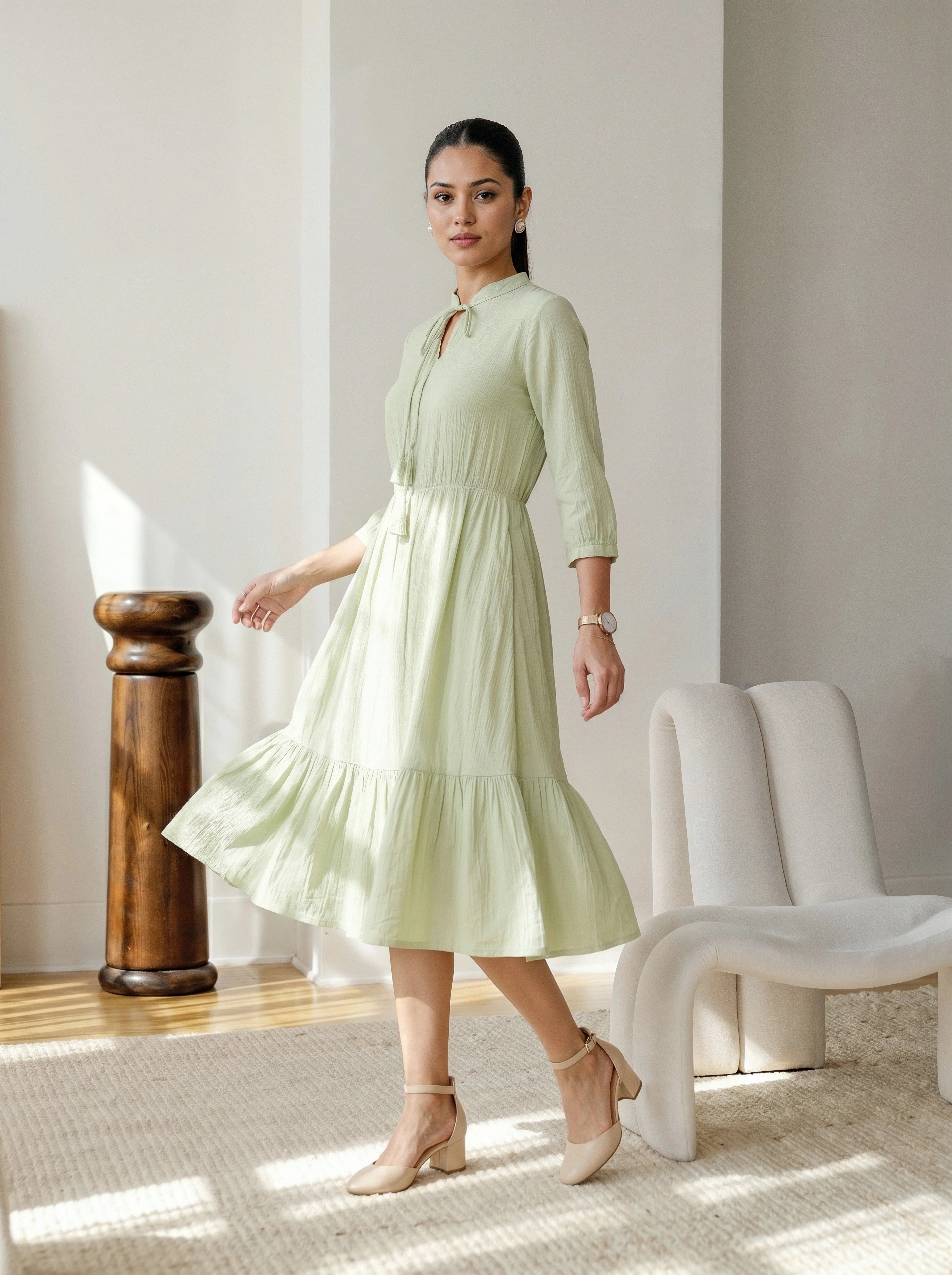 Woman in a light green dress standing in a bright room with a white chair and wooden column.