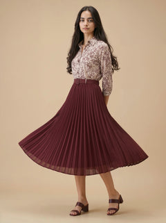 Women's Floral Midi Dress with Pleated Burgundy Skirt
