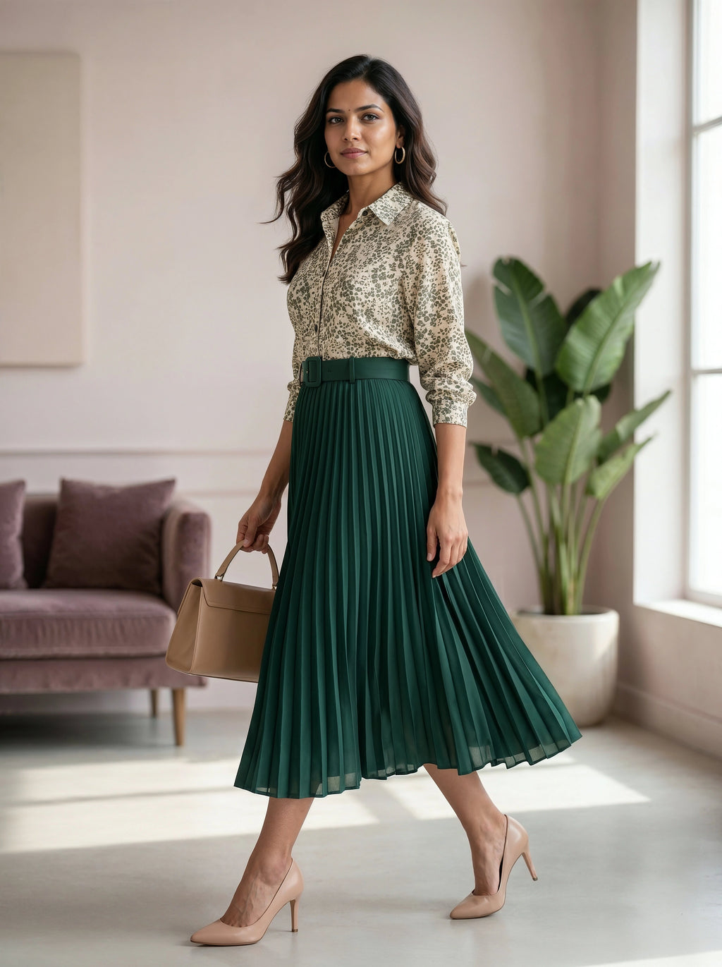 Woman in a green skirt and patterned blouse standing in a bright room with a plant and couch.