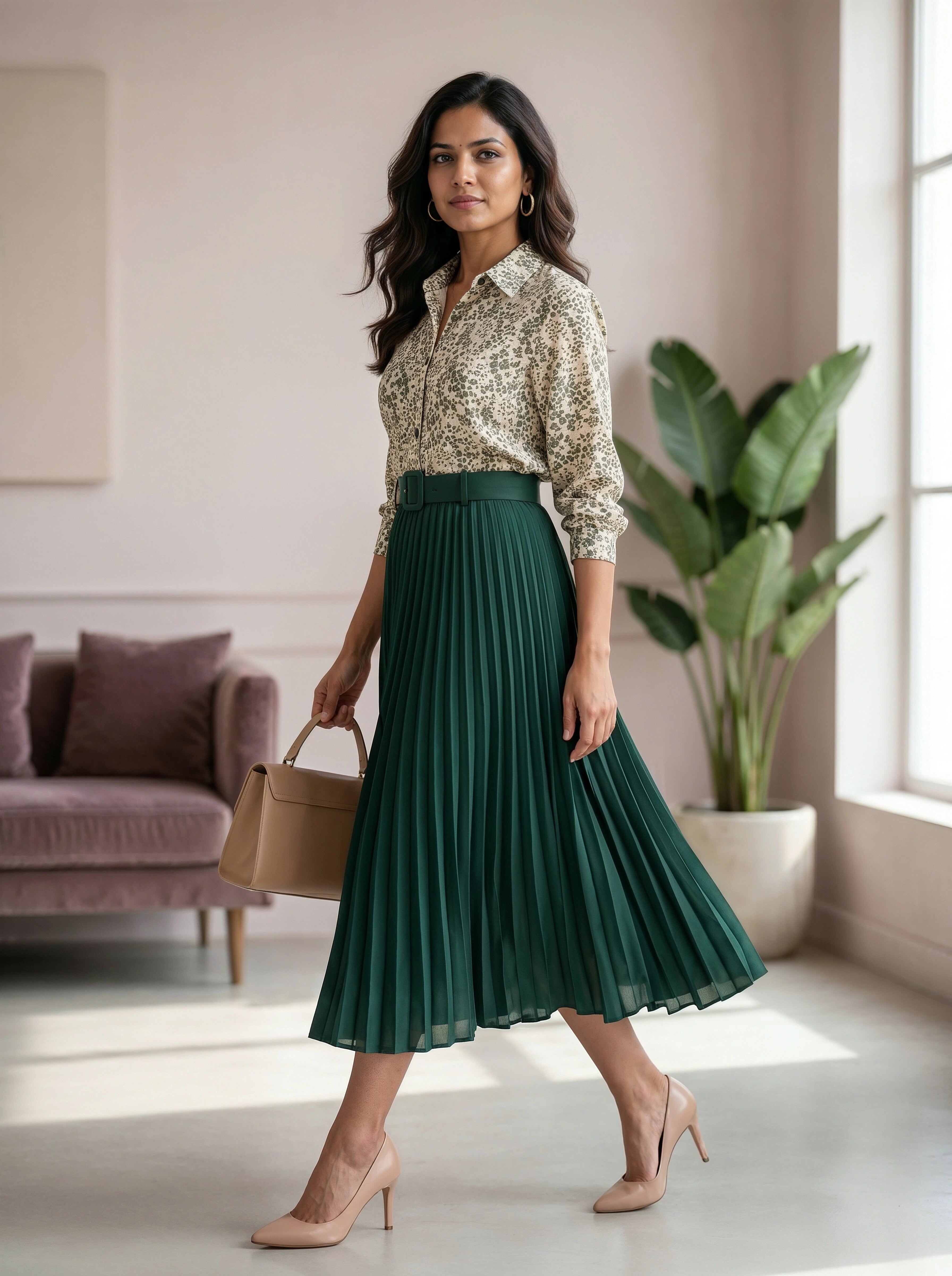 Woman in a green skirt and patterned blouse standing in a bright room with a plant and couch.