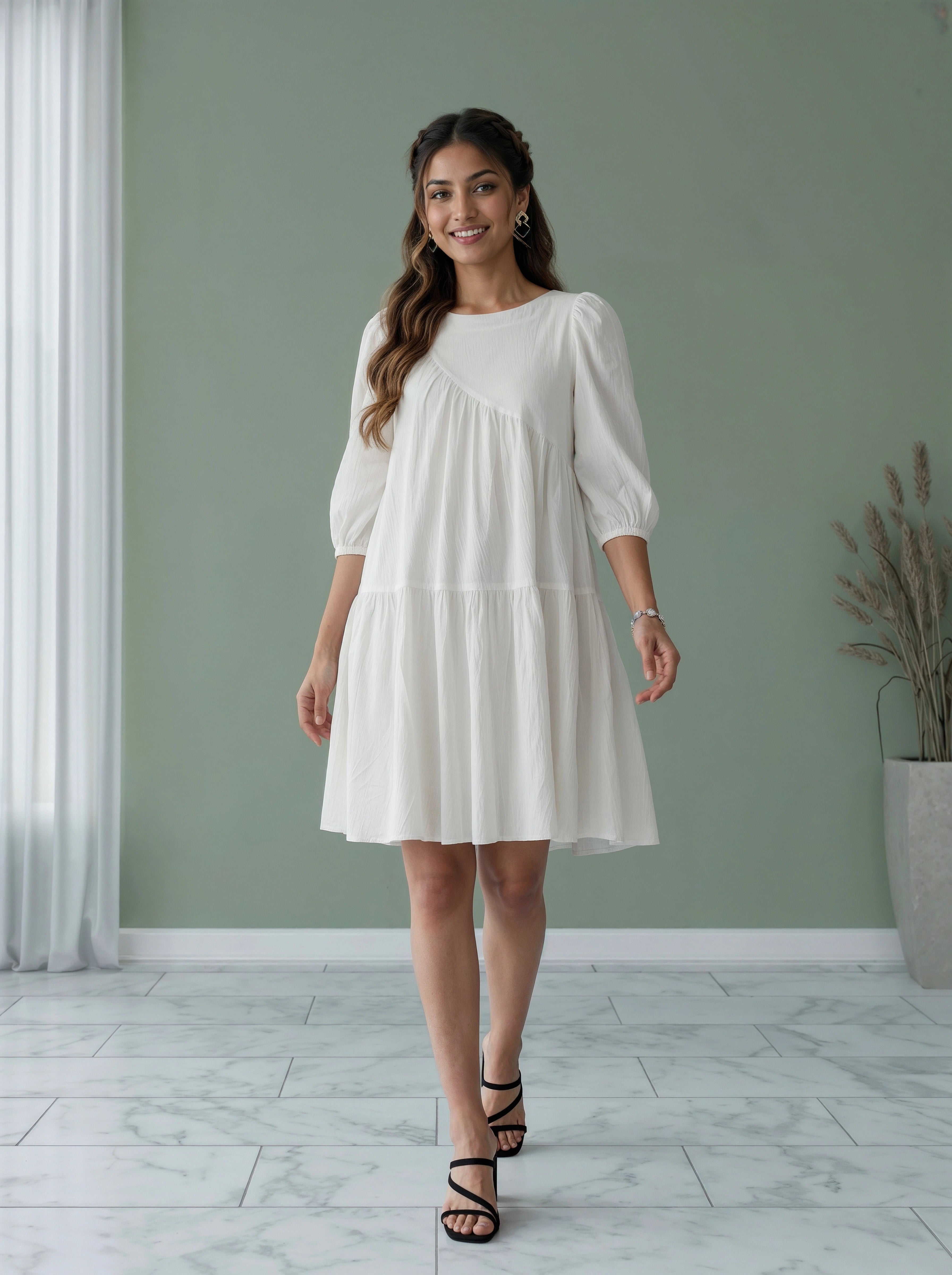 ivory smock dress Women's Ivory Puff-Sleeve Mini Smock Dress