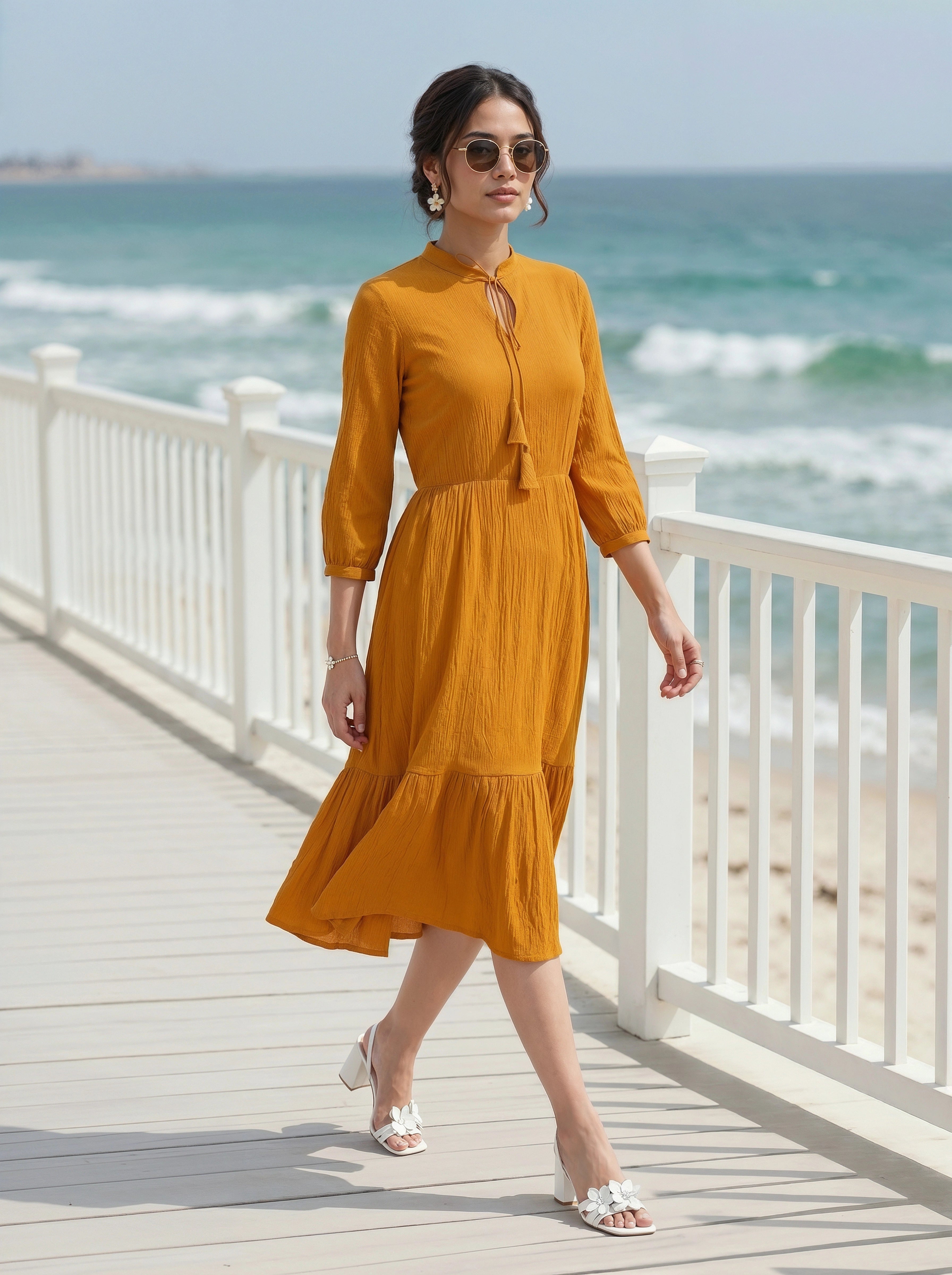 Woman in a mustard yellow dress standing on a wooden deck by the ocean.