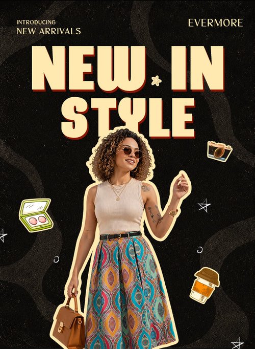 Woman in a white top and patterned skirt in an evermore new in style promotional banner
