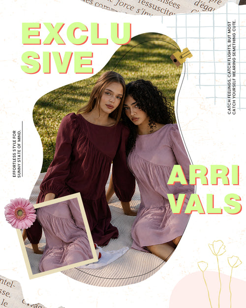 Two women in dresses with 'exclusive arrivals' text and magazine style layout