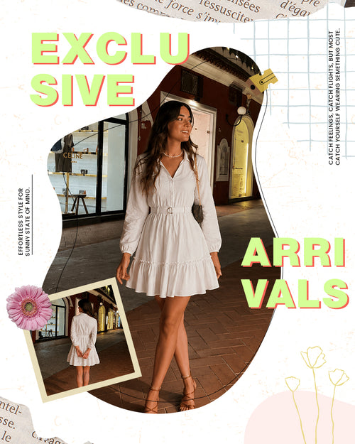 Woman in a white dress standing in a room with text 'exclusive arrivals' and floral elements