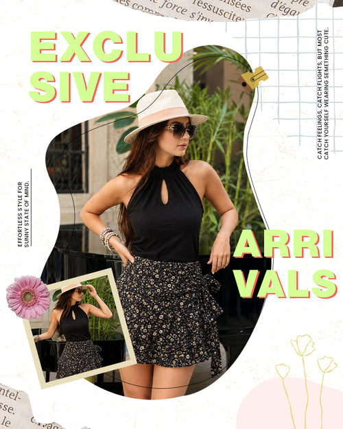 Woman in black top and floral skirt with sunglasses and hat, surrounded by text and graphics