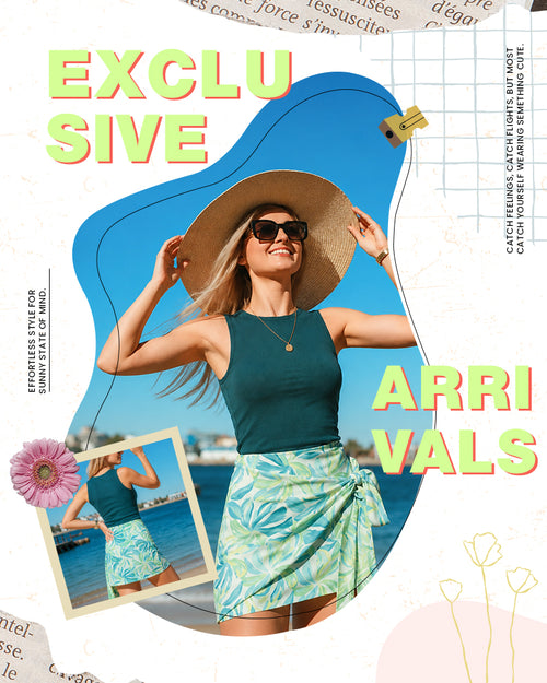 Woman wearing a green top and blue floral skirt with a large hat, surrounded by promotional text and graphics