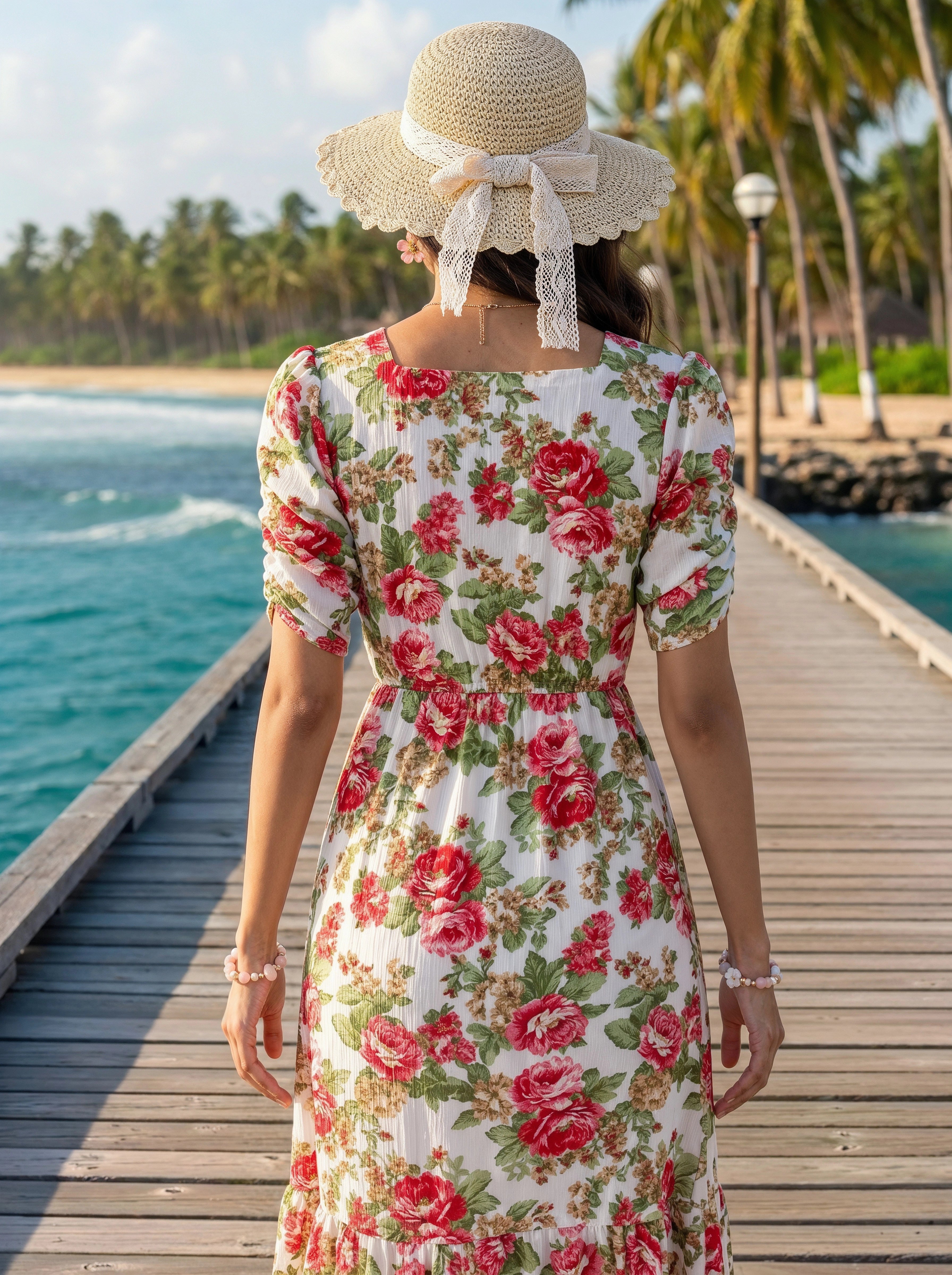 A woman viewed from behind wearing a cream-colored short-sleeve dress with a red and green floral print, a straw hat with a lace ribbon, and standing on a wooden dock overlooking a tropical ocean with palm trees.
