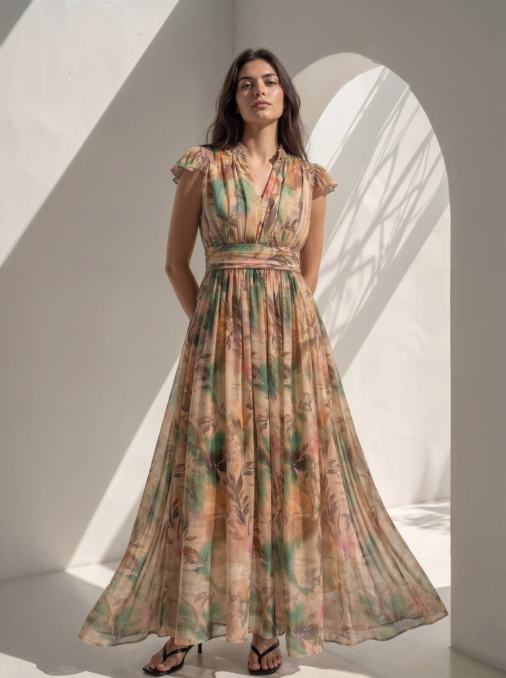 A woman modeling a long, flowing maxi dress with a tropical floral print in beige, green, and orange tones, standing in a sunlit white architectural setting with dramatic shadows.