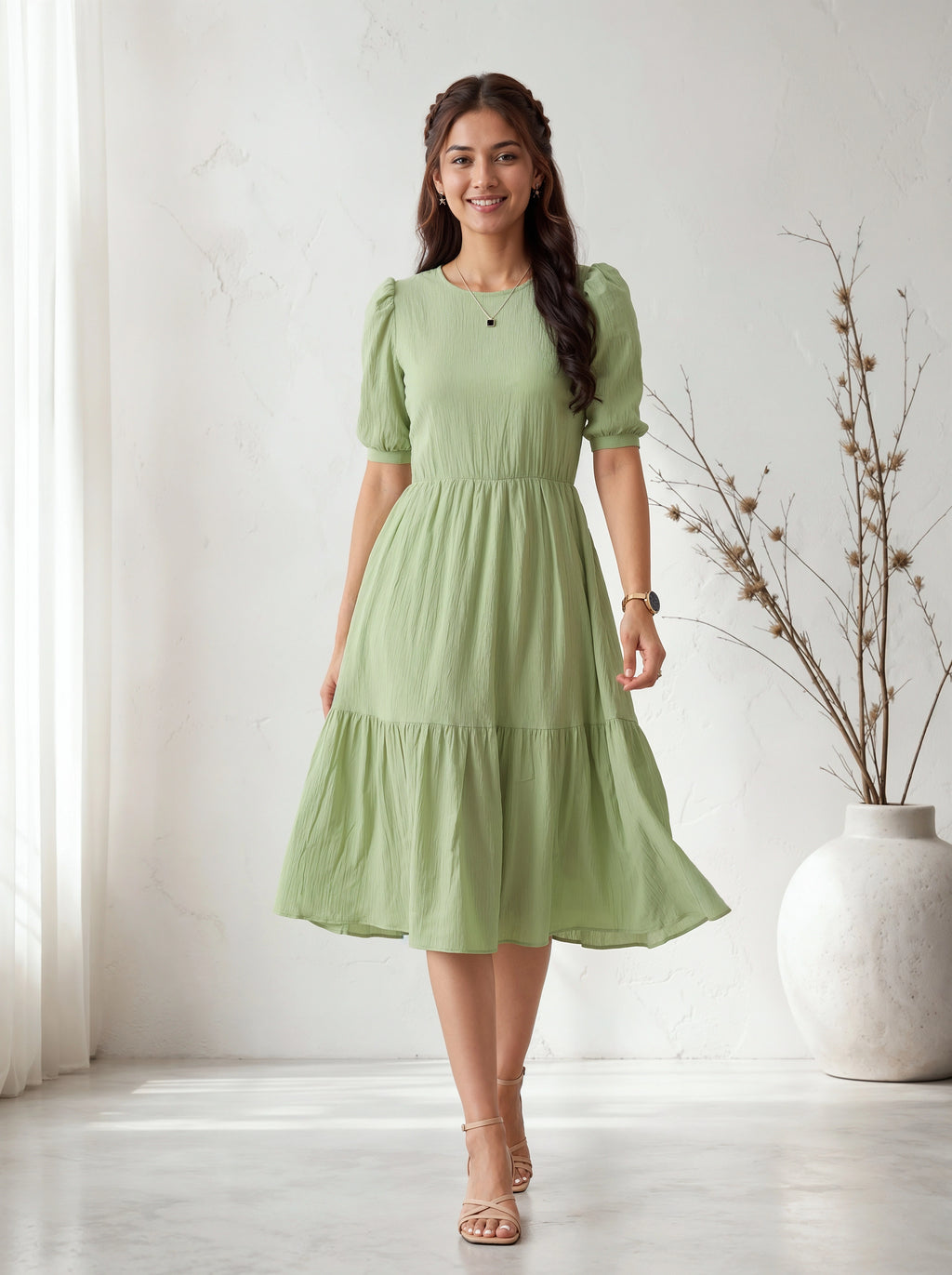 Woman wearing a green dress standing in a bright room with a vase in the background