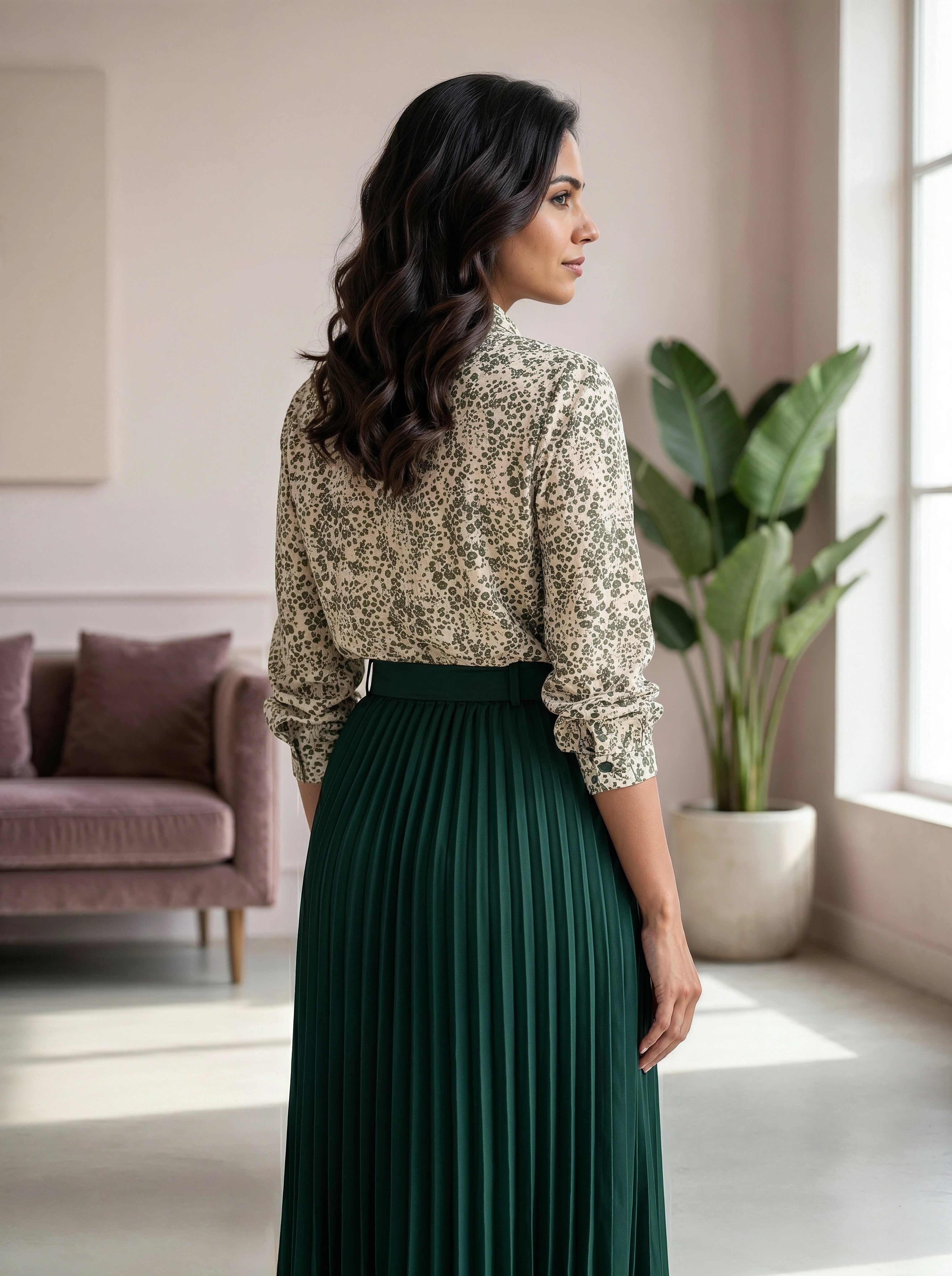 Woman in a patterned Shirt and green skirt standing in a bright room with a plant and sofa.