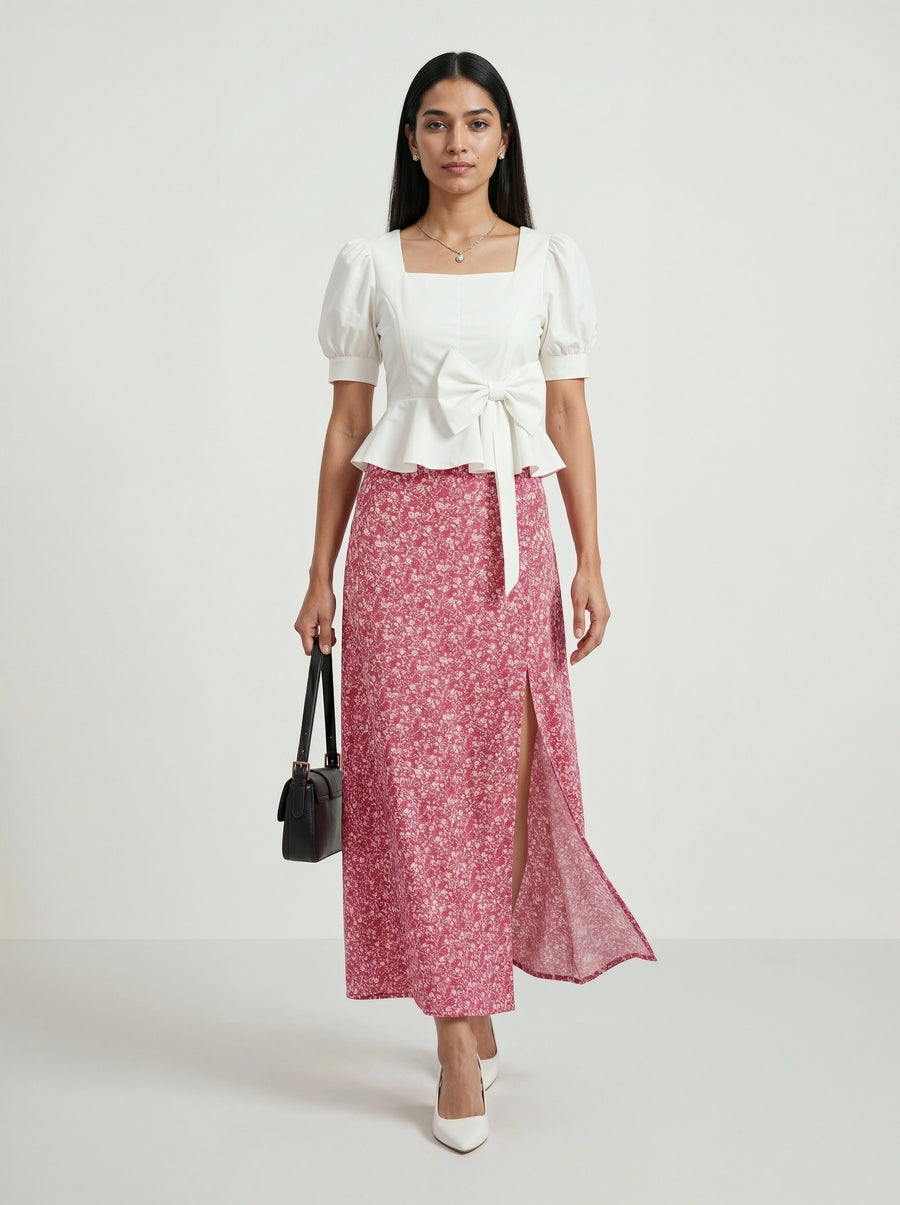 Worn with the Pink Floral Side Slit Midi Skirt for Women