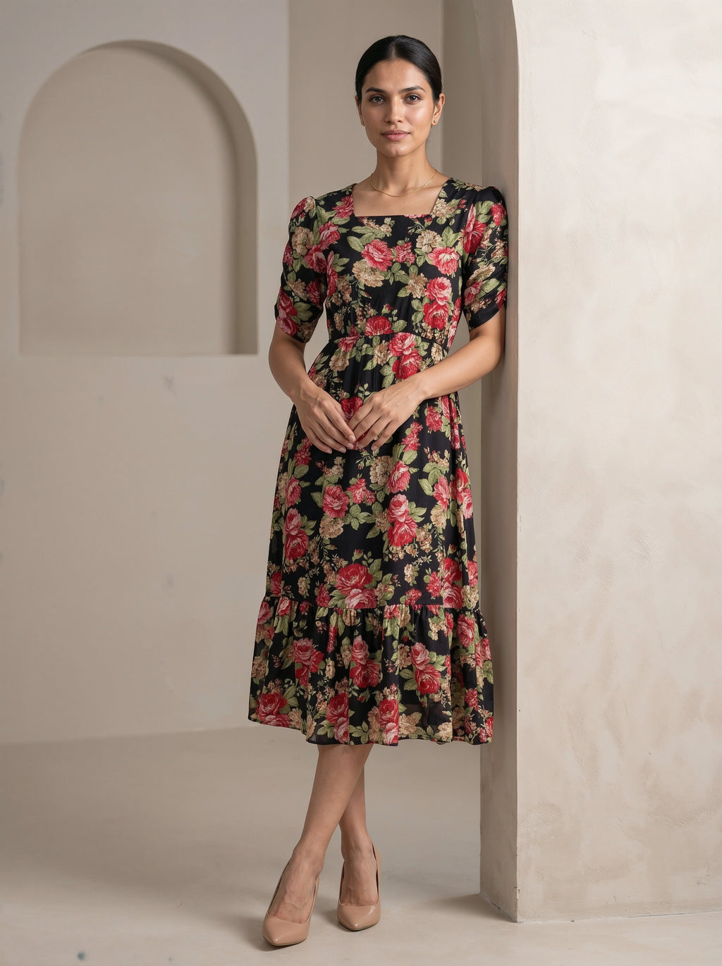 Woman wearing a Pink floral dress standing against a neutral wall.
