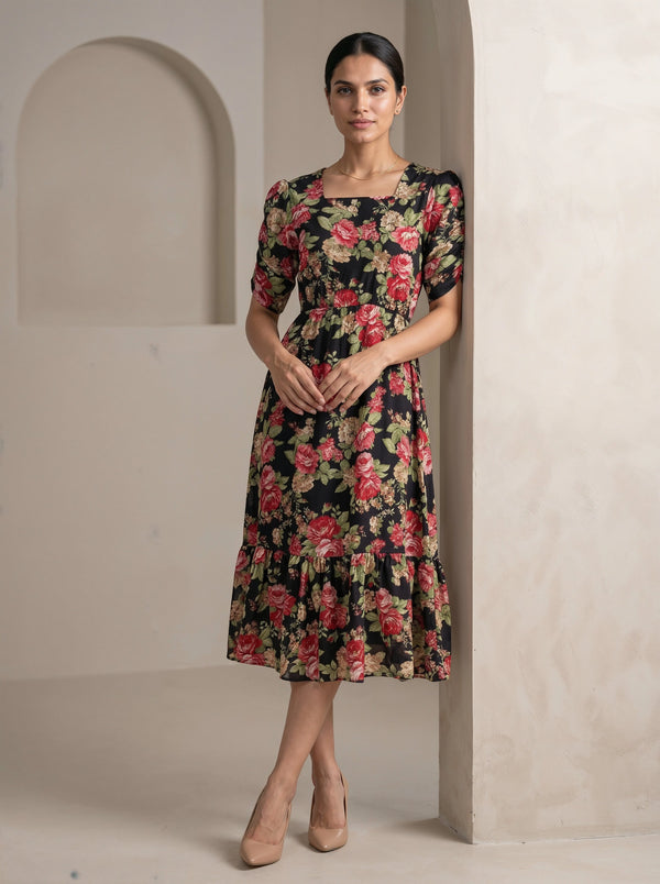 Black Floral Dress Flattering Silhouette