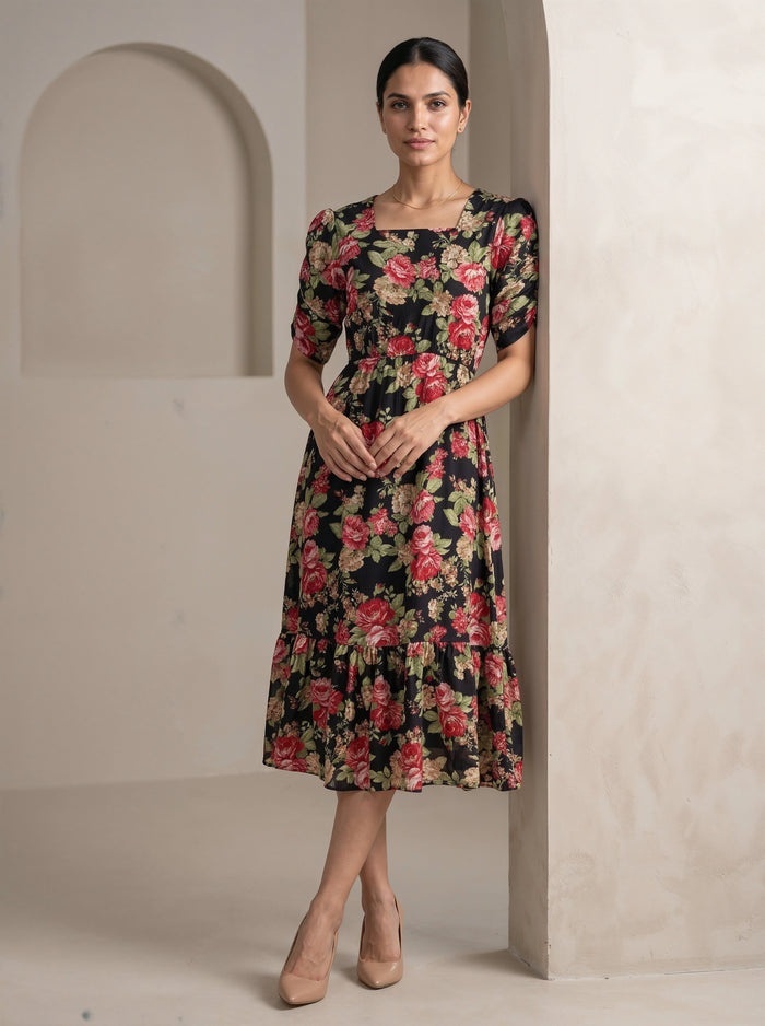 Woman wearing a Pink floral dress standing against a neutral wall.