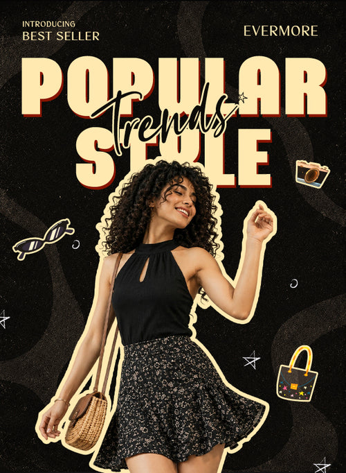Woman in a black top and patterned skirt in an evermore popular trends promotional banner