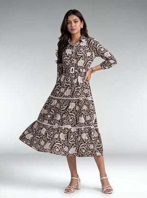 Brown Floral Print Belted Shirt Collar Dress