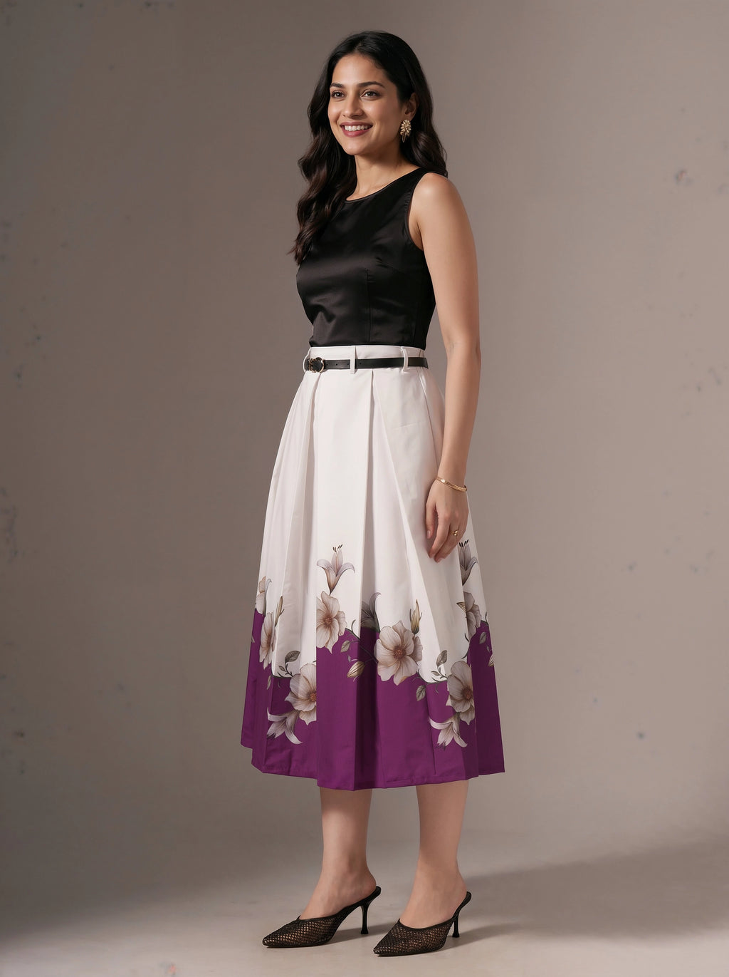 Woman wearing a black top and floral skirt with purple accents against a plain background