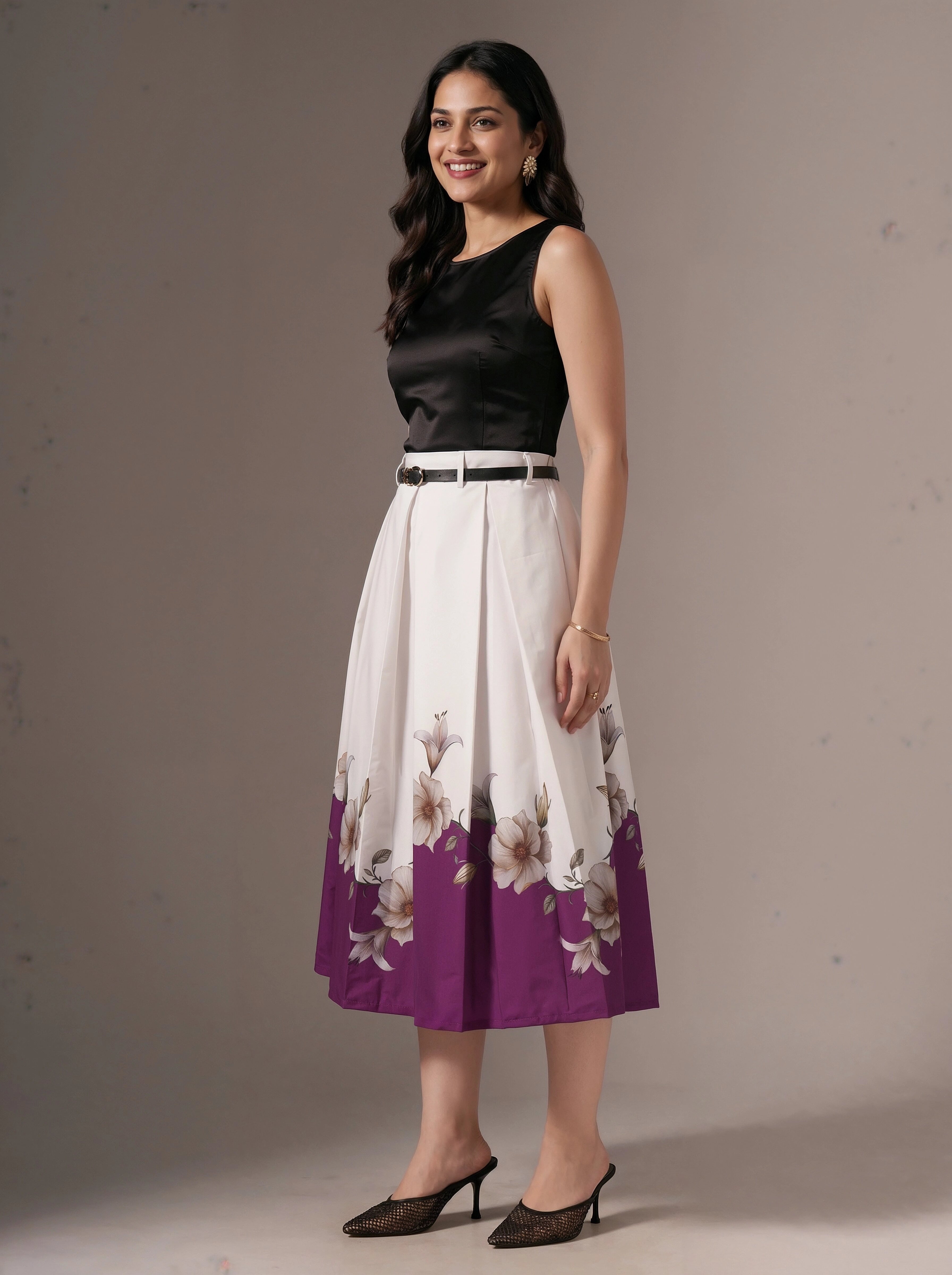 Woman wearing a black top and floral skirt with purple accents against a plain background