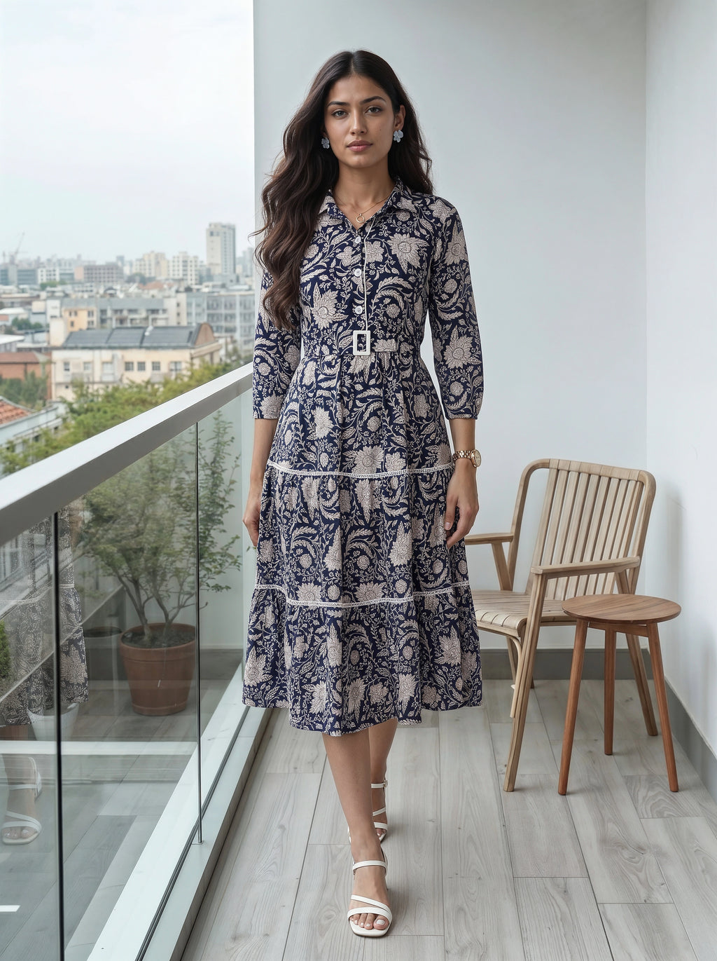 A woman stands on a modern balcony wearing a navy and beige patterned midi dress with a matching belt and white sandals. The background features a wooden chair, a small wooden stool, and a cityscape view through a large window.