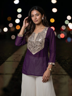 Purple Mirror Work Embellished Ethnic Top
