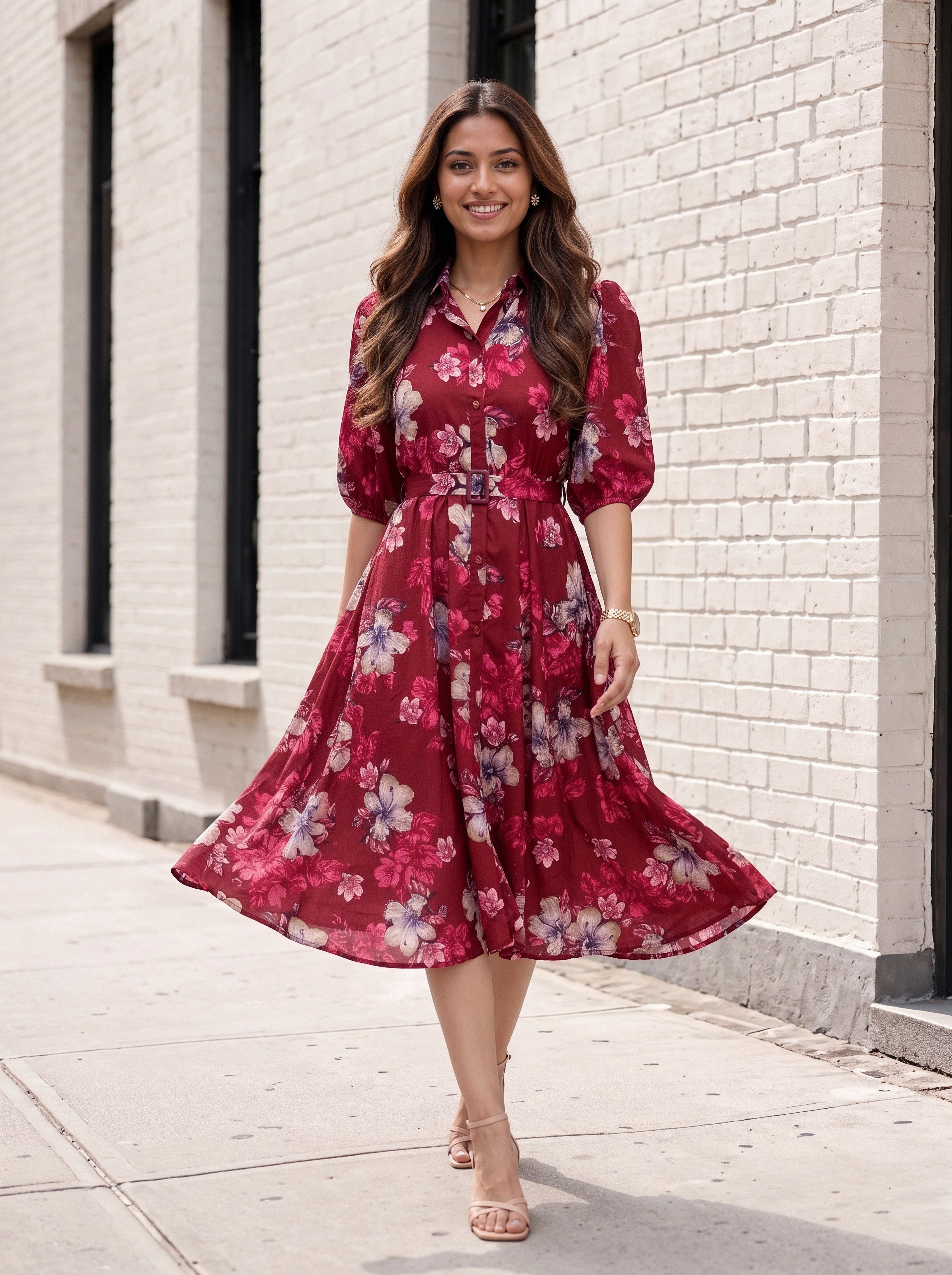 A woman wearing a red floral midi dress with puff sleeves and a tie waist, walking on a sidewalk next to a white brick building.