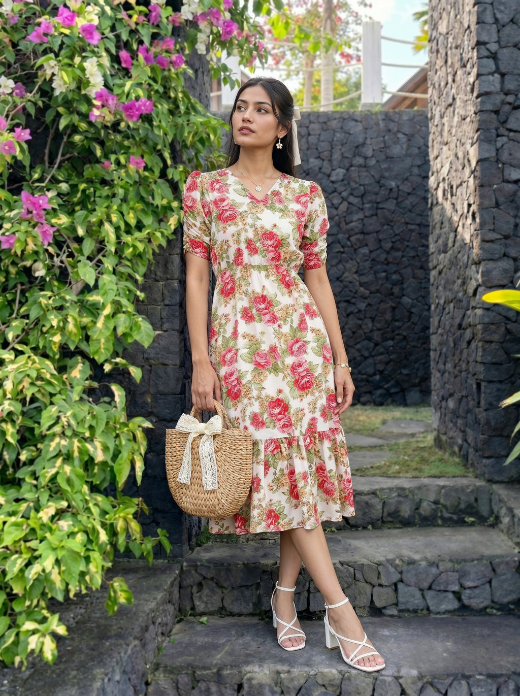 A woman models a three-piece women's ethnic wear set consisting of a solid olive green kurta, a matching sheer patterned cardigan, and black strappy heels, set against a bright white interior background with a lamp and dresser.