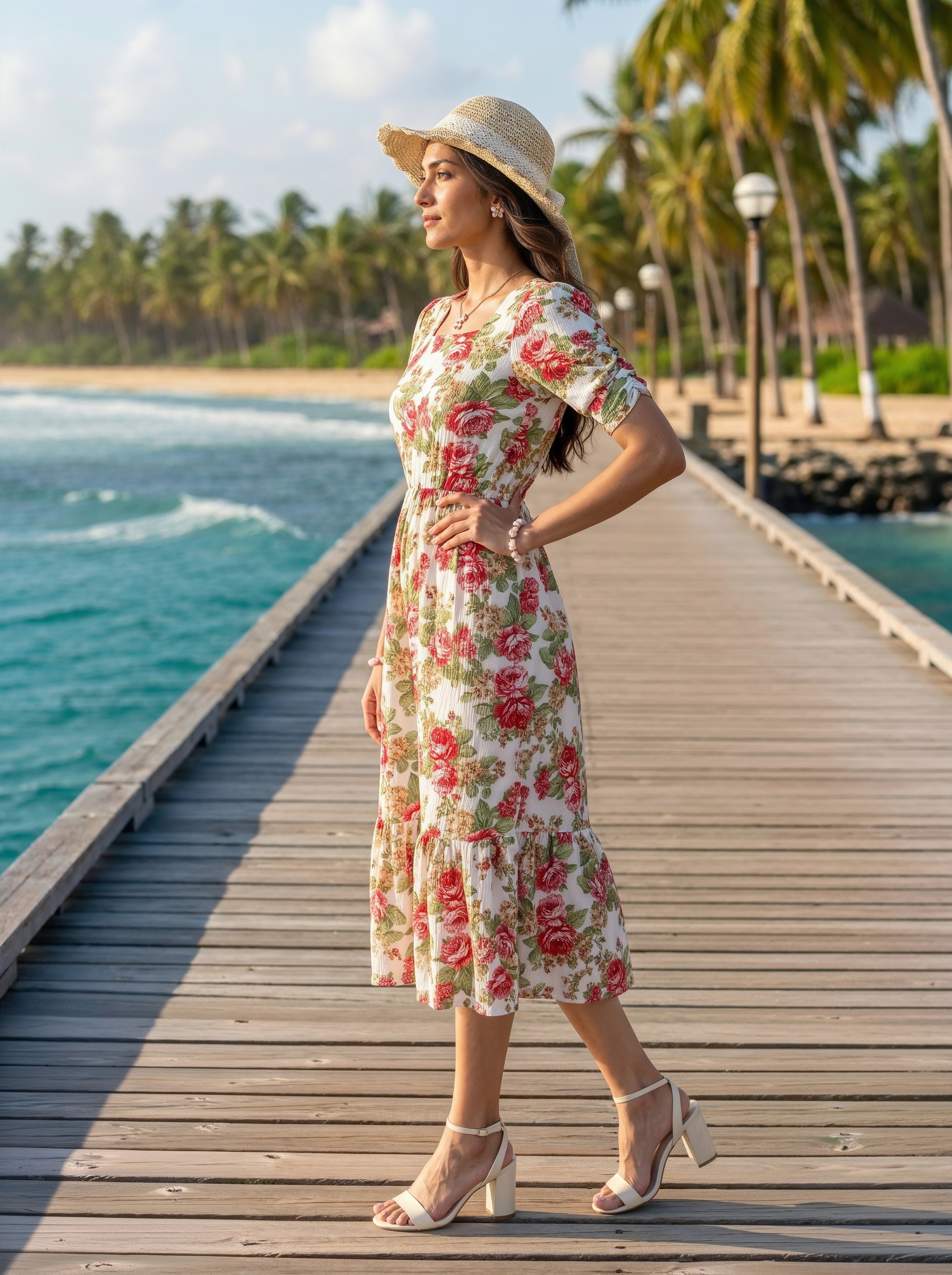 A woman models a gray tiered midi dress with a textured chevron pattern, featuring three-quarter sleeves and a high neckline. She is standing in front of a white paneled wall next to a small side table with books and a vase.