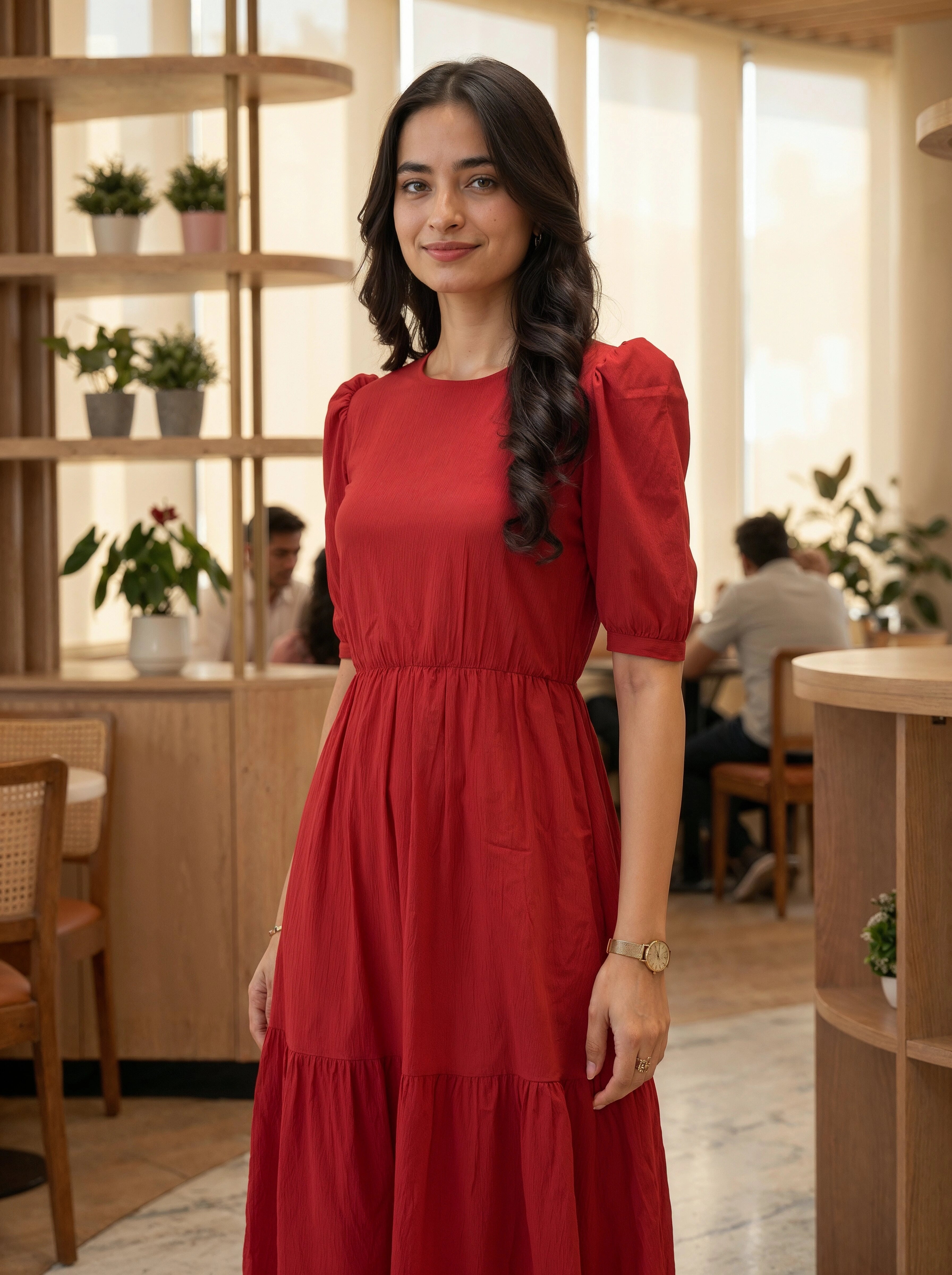 Woman wearing a red dress with puff sleeves in a modern indoor setting