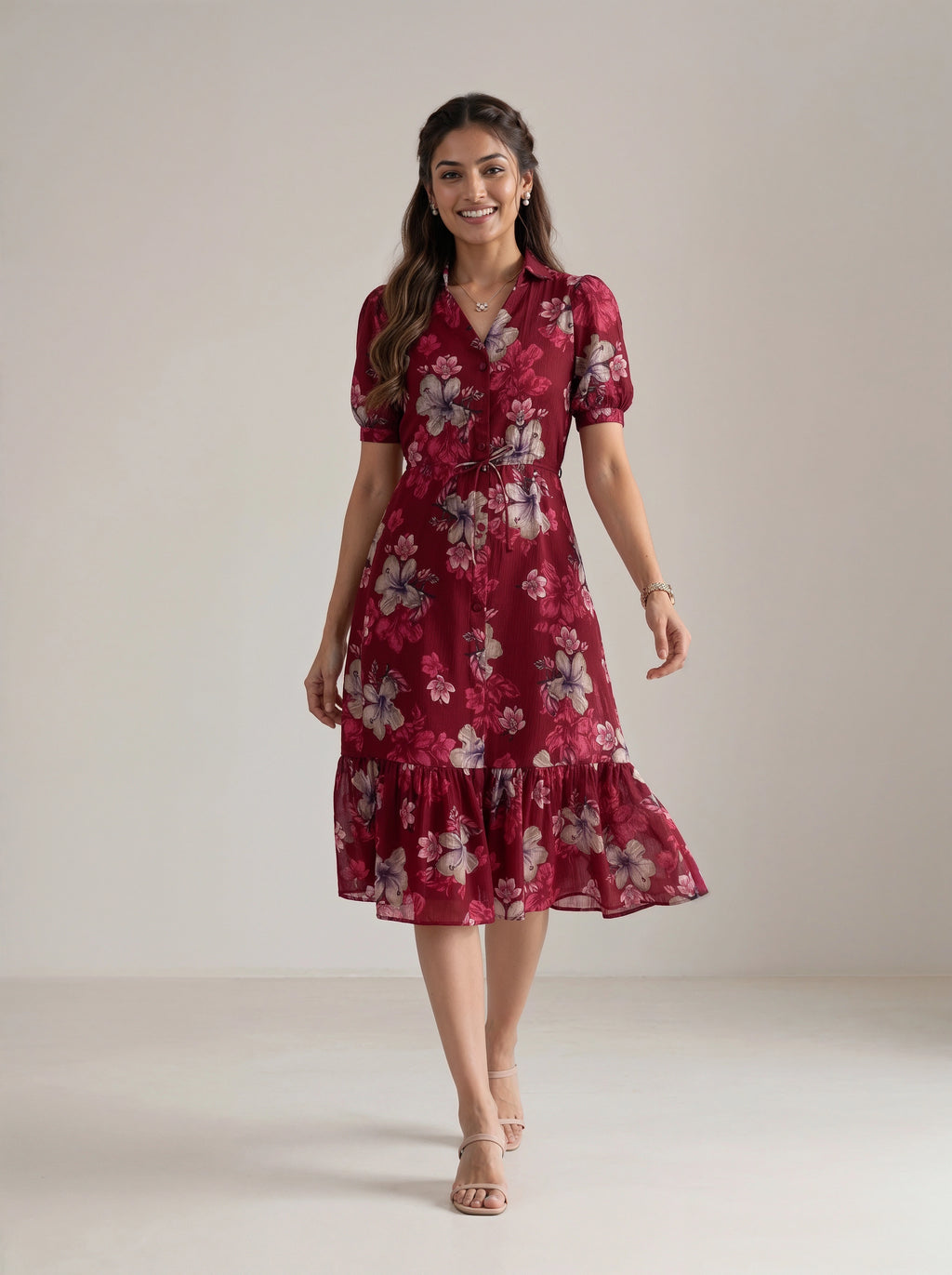A woman modeling a three-quarter sleeve tiered midi dress in deep burgundy with sheer mesh side panels, paired with black ankle-strap heels, against a plain white studio background.