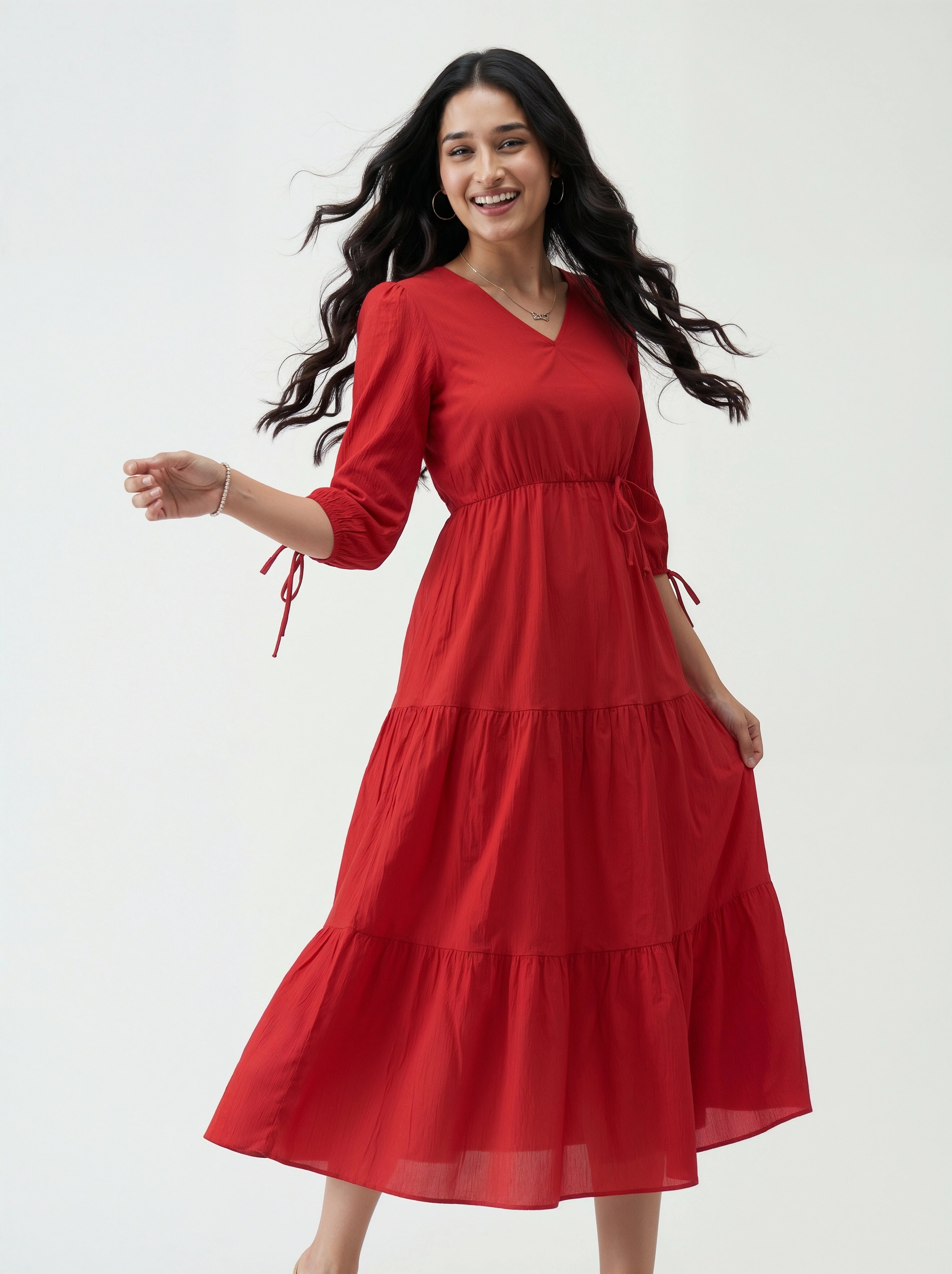 Woman wearing a red dress on a white background