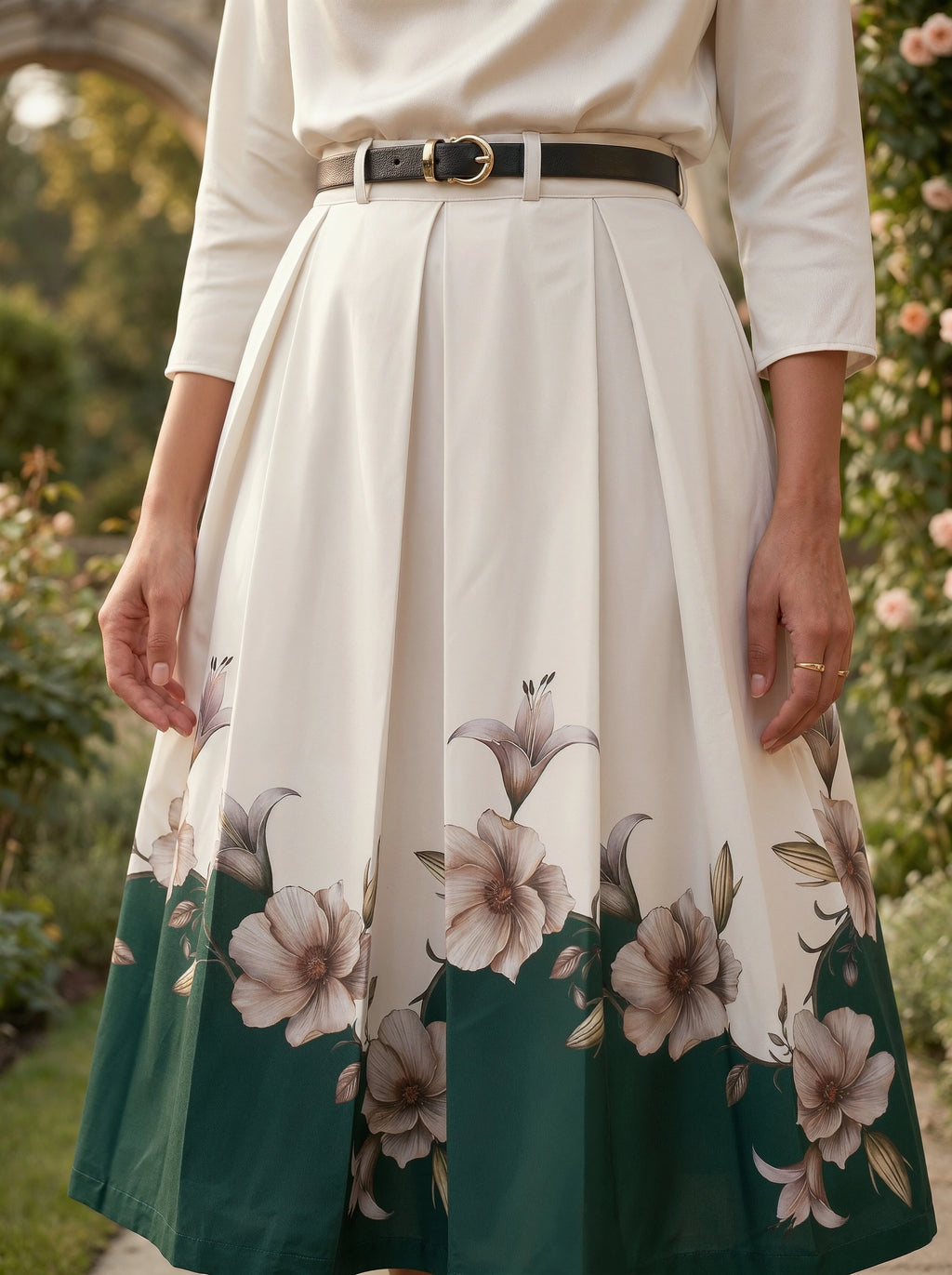 Person wearing a floral skirt with a garden background
