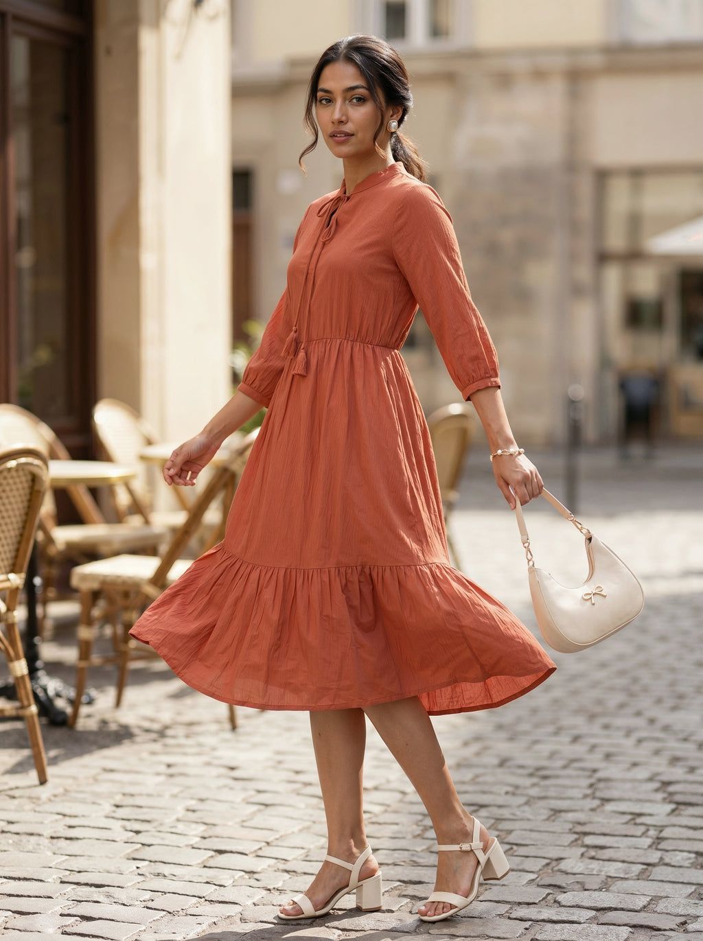 Woman in a rust-colored dress walking on a street with a blurred background