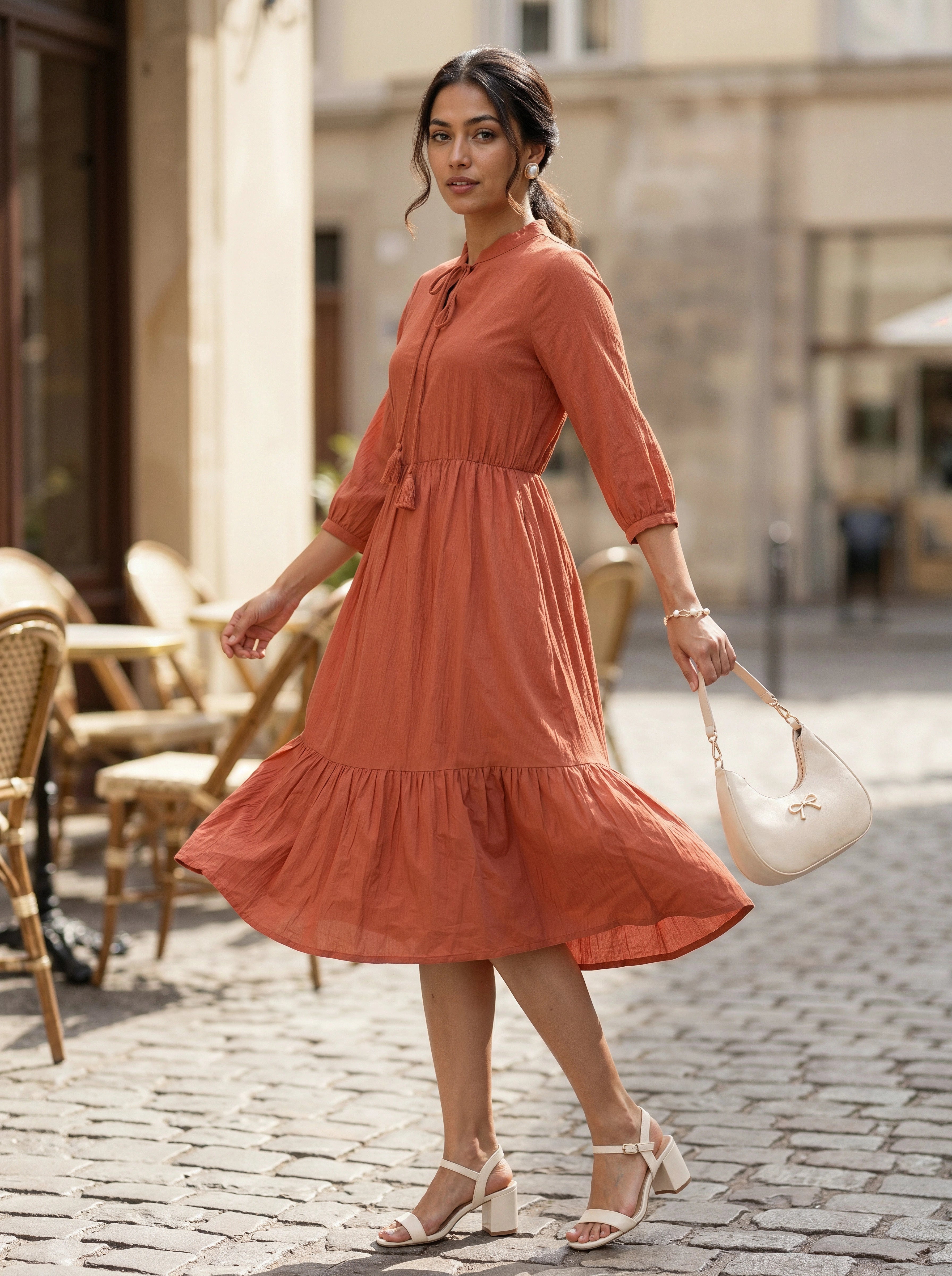 Woman in a rust-colored dress walking on a street with a blurred background