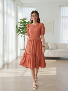 Coral Puff Sleeve Tiered Midi Dress for Women