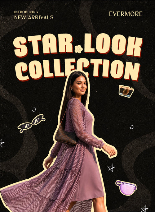 Woman wearing a purple dress in an evermore star look collection promotional banner