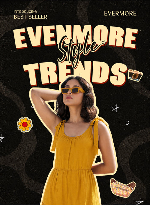 Woman in a yellow dress and sunglasses posing in an evermore style trends promotional banner