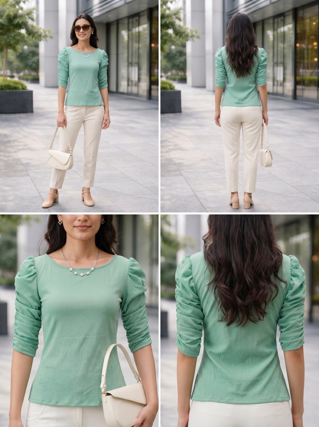 Woman wearing a green top and white pants, standing in front of a modern building.
