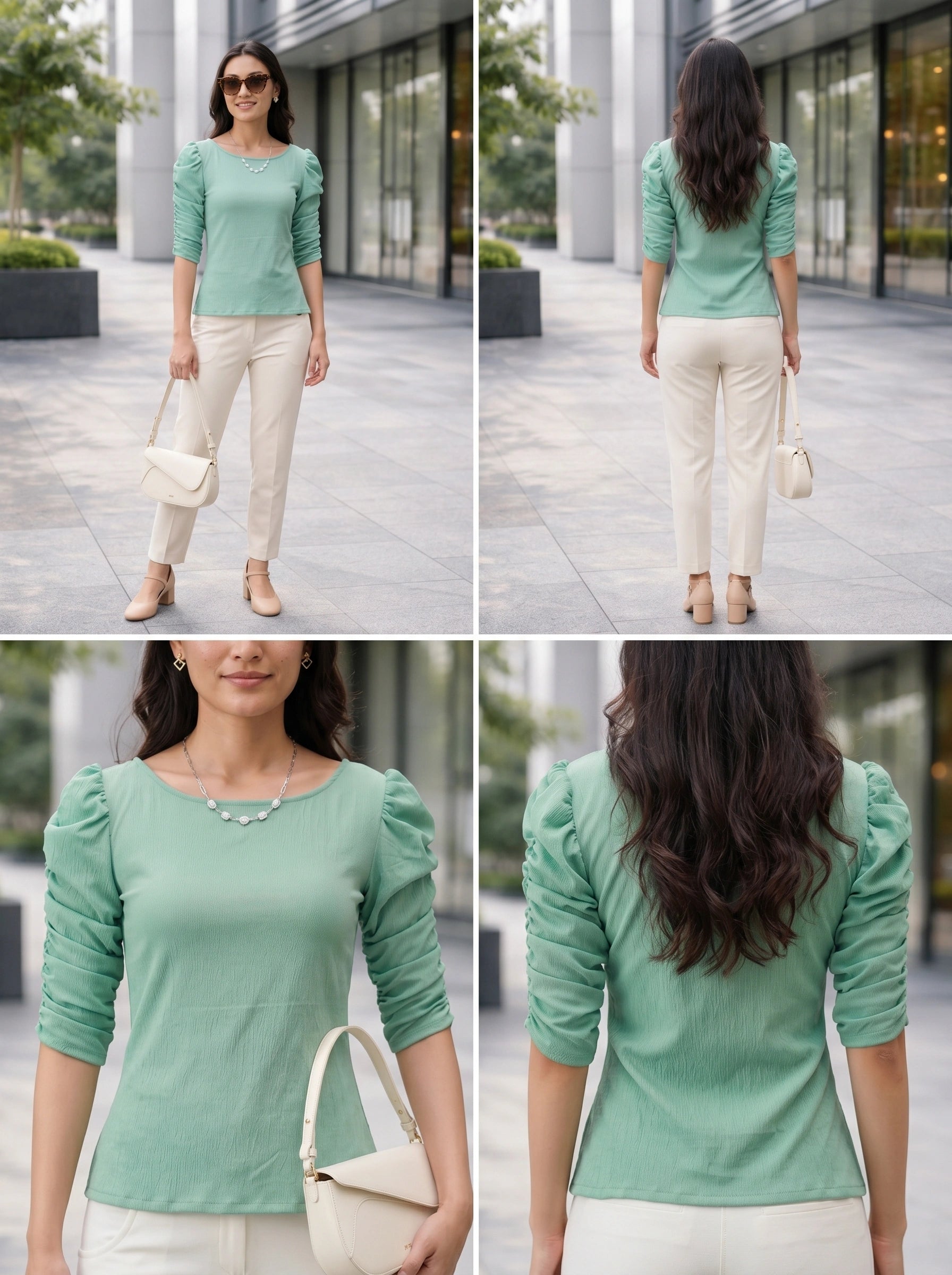 Woman wearing a green top and white pants, standing in front of a modern building.
